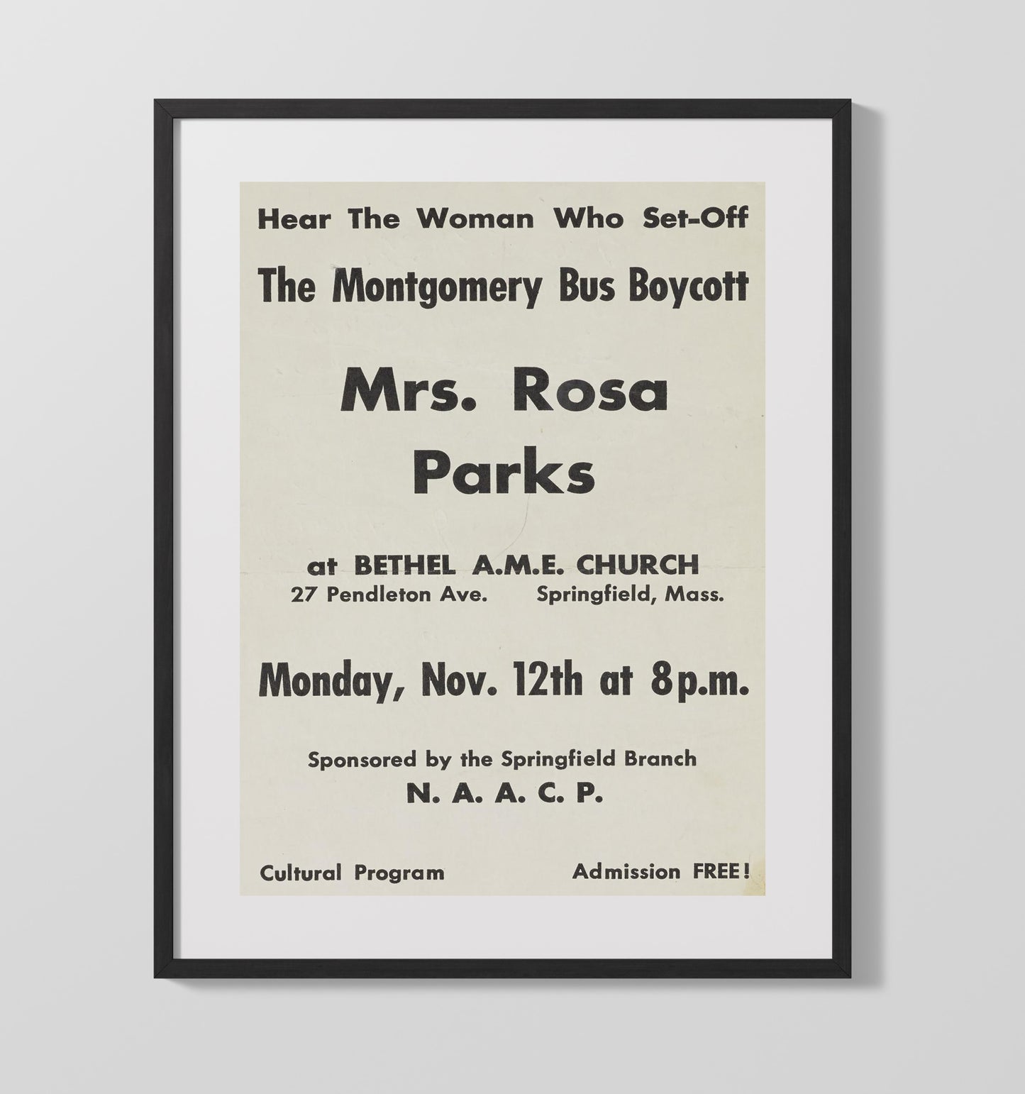 Rosa Parks - Springfield NAACP Speech Poster 1956 16x20 Gallery Frame history wall art
