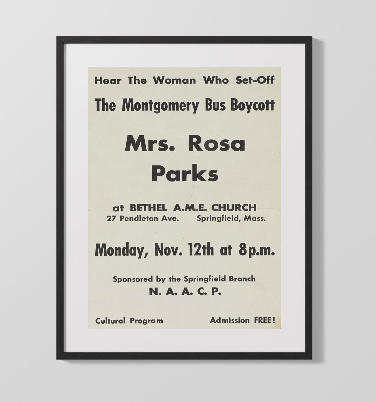 Rosa Parks - Springfield NAACP Speech Poster 1956 16x20 Gallery Frame history wall art