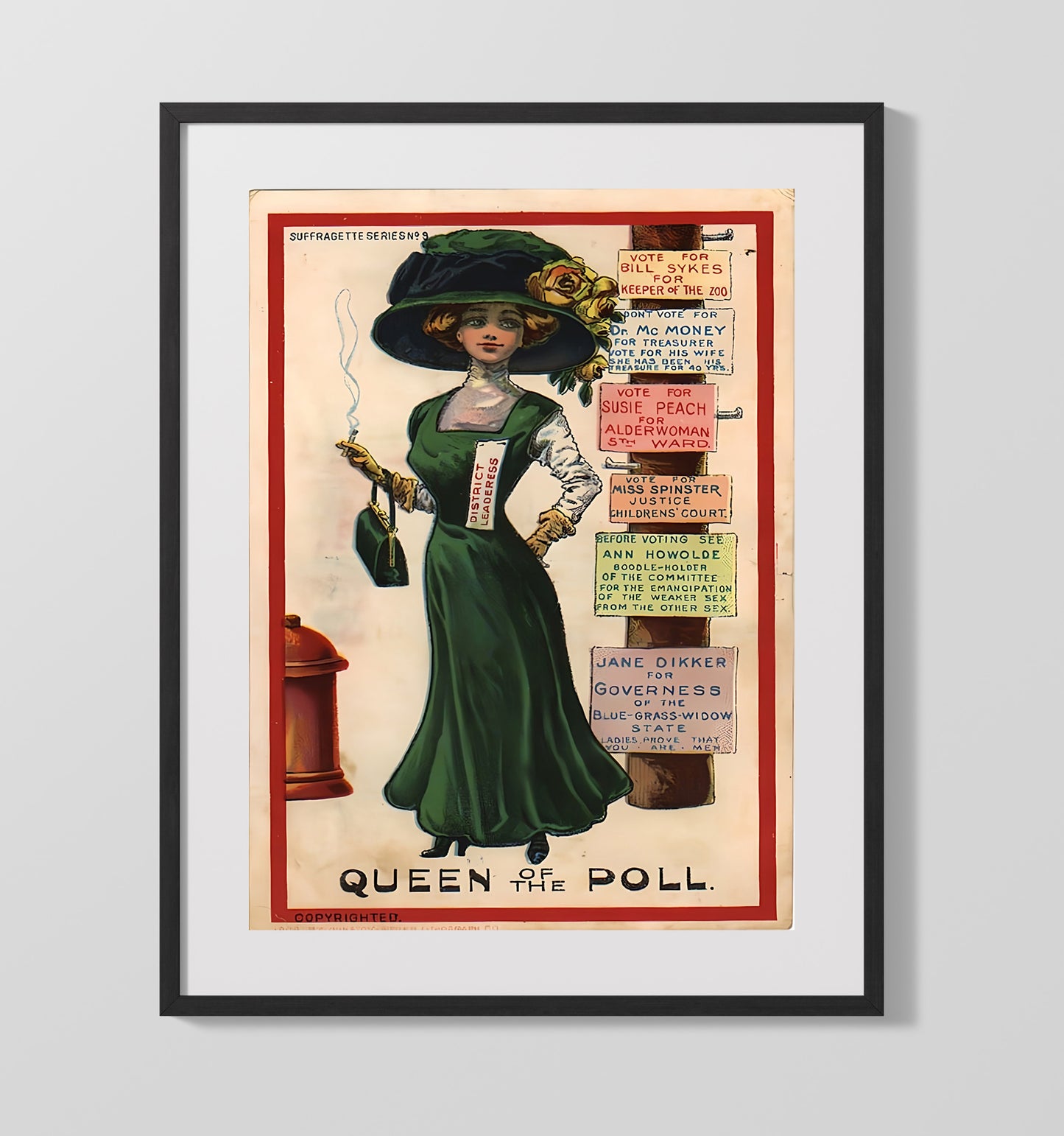 Suffrage Movement Poster - Women's Voting Satire Queen of the Poll 16x20 Gallery Frame history wall art