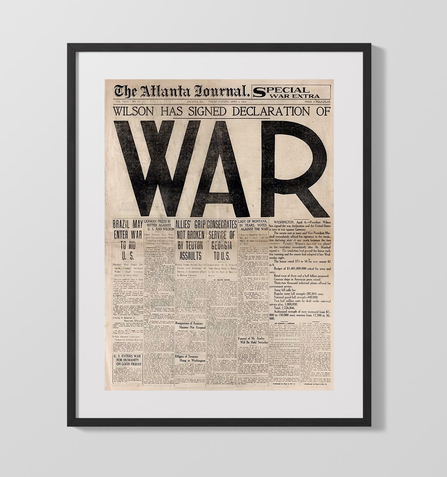 World War I Headline - Woodrow Wilson U.S. War Declaration Newspaper 1917 16x20 Gallery Frame history wall art