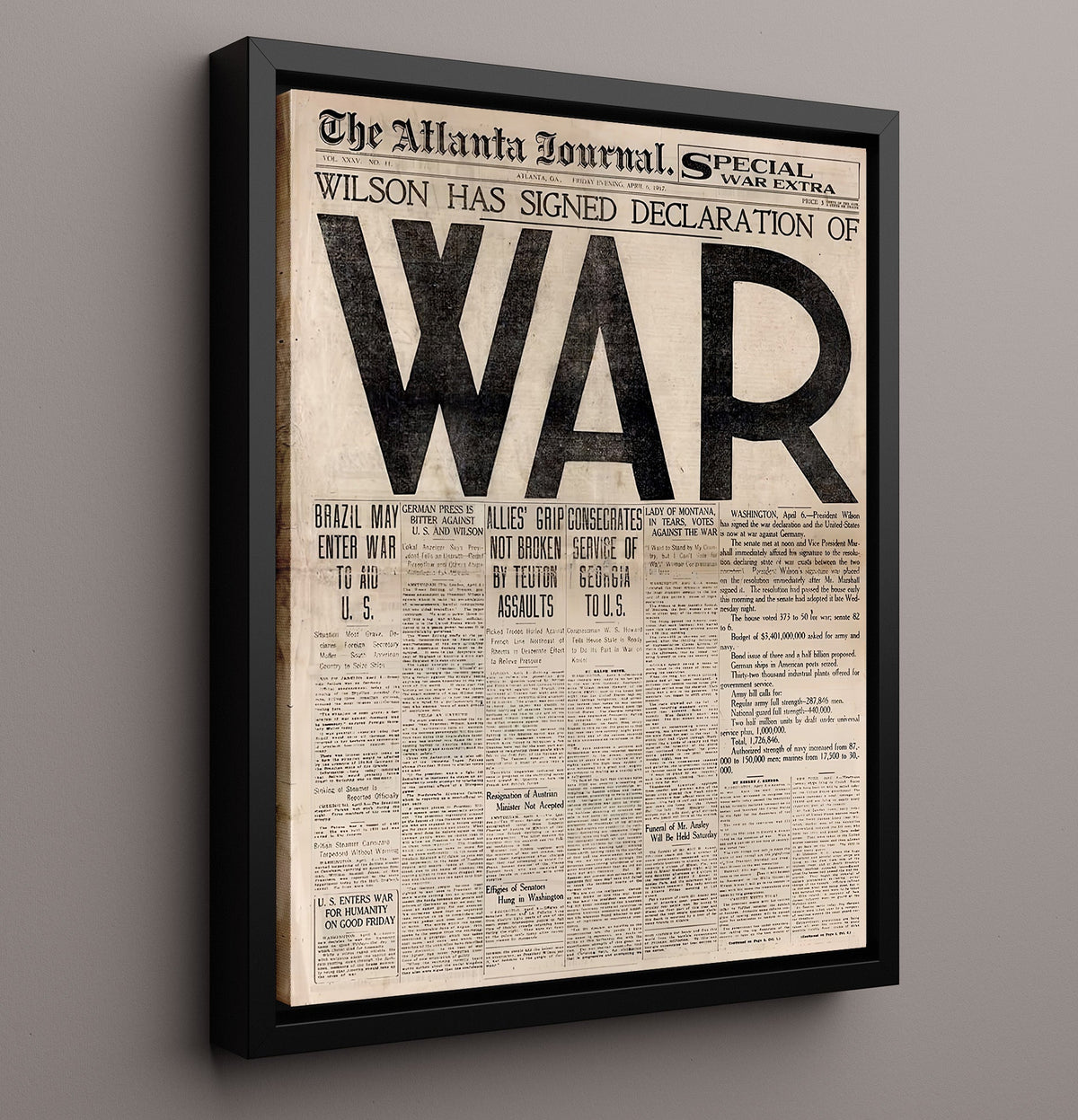 World War I Headline - Woodrow Wilson U.S. War Declaration Newspaper 1917 8x10 Framed Canvas history wall art