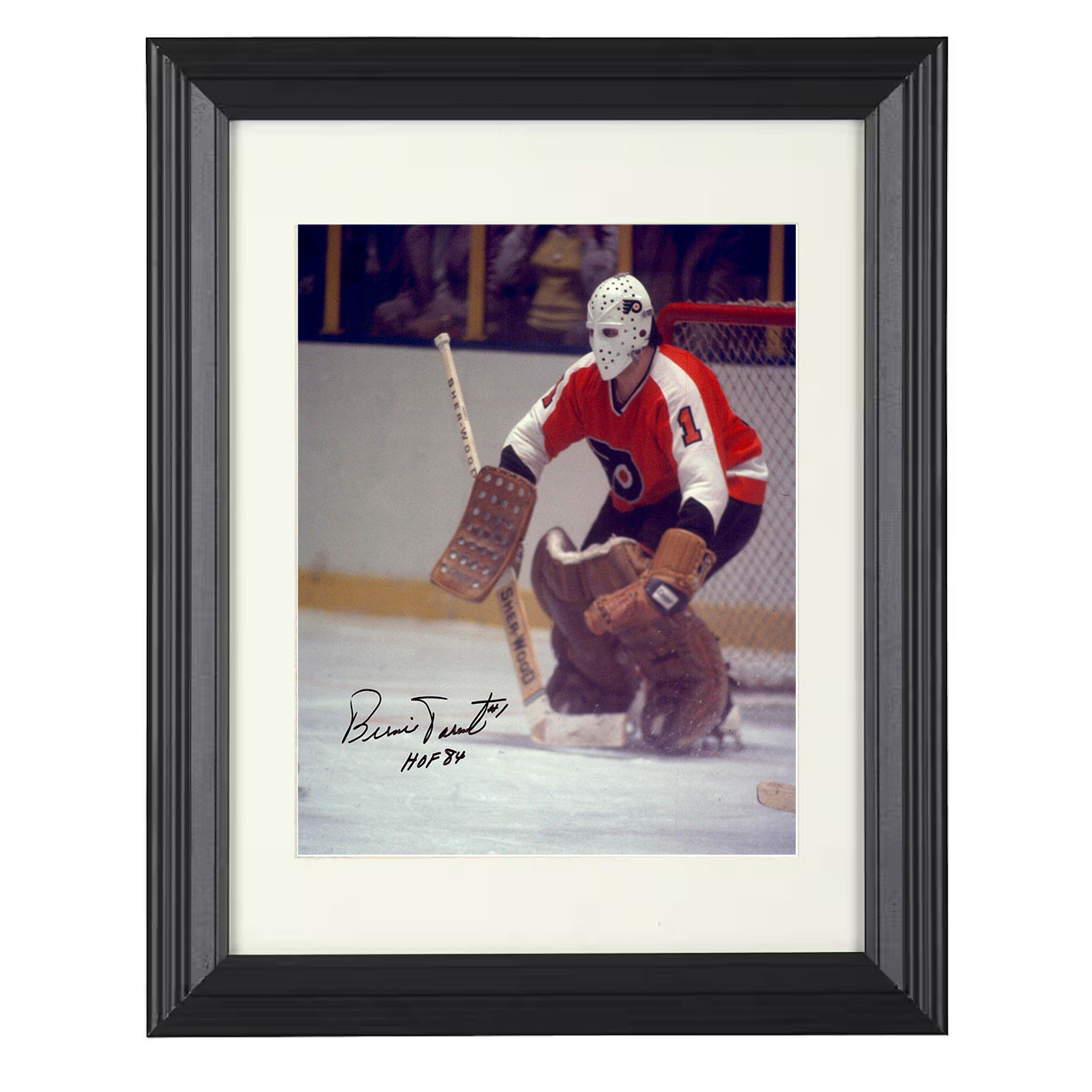 Bernie Parent – Philadelphia Goalie Mask Action 8x10 matted black framed hockey wall art