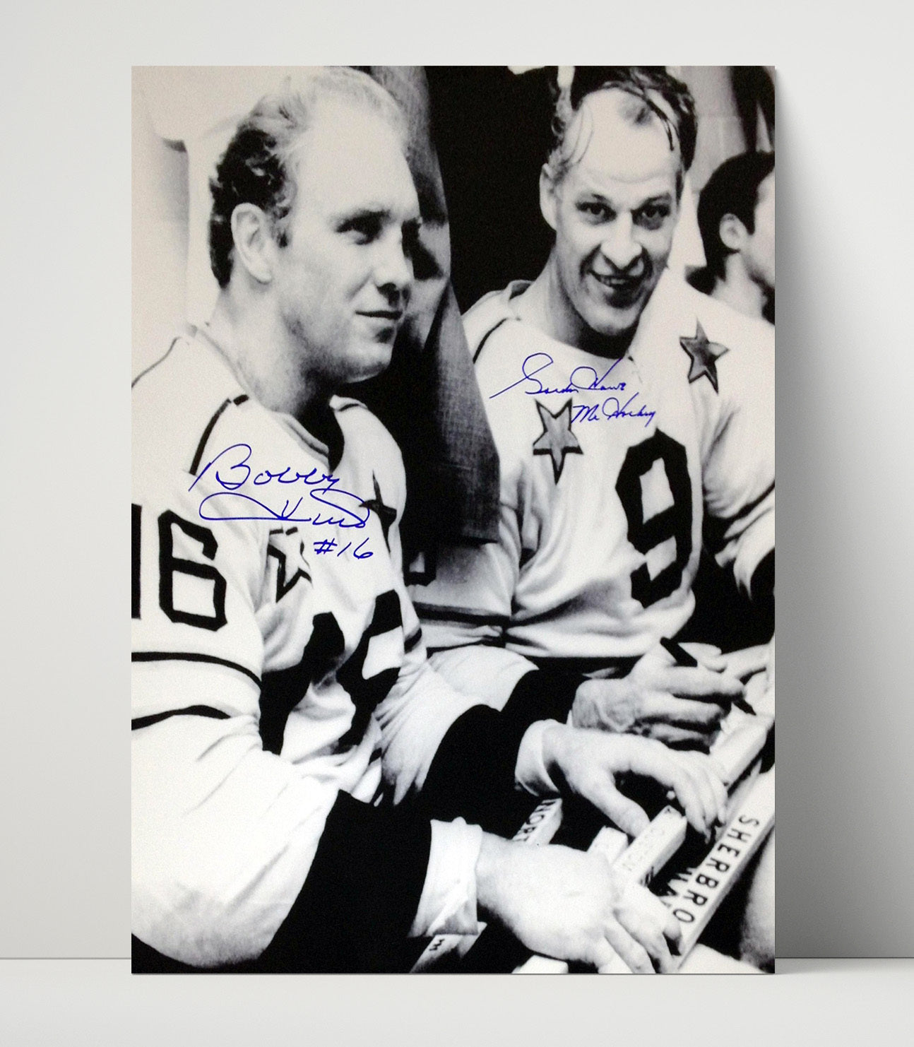 Bobby Hull and Gordie Howe - All Star Bench Moment Hockey Wall Art - hockey wall art print