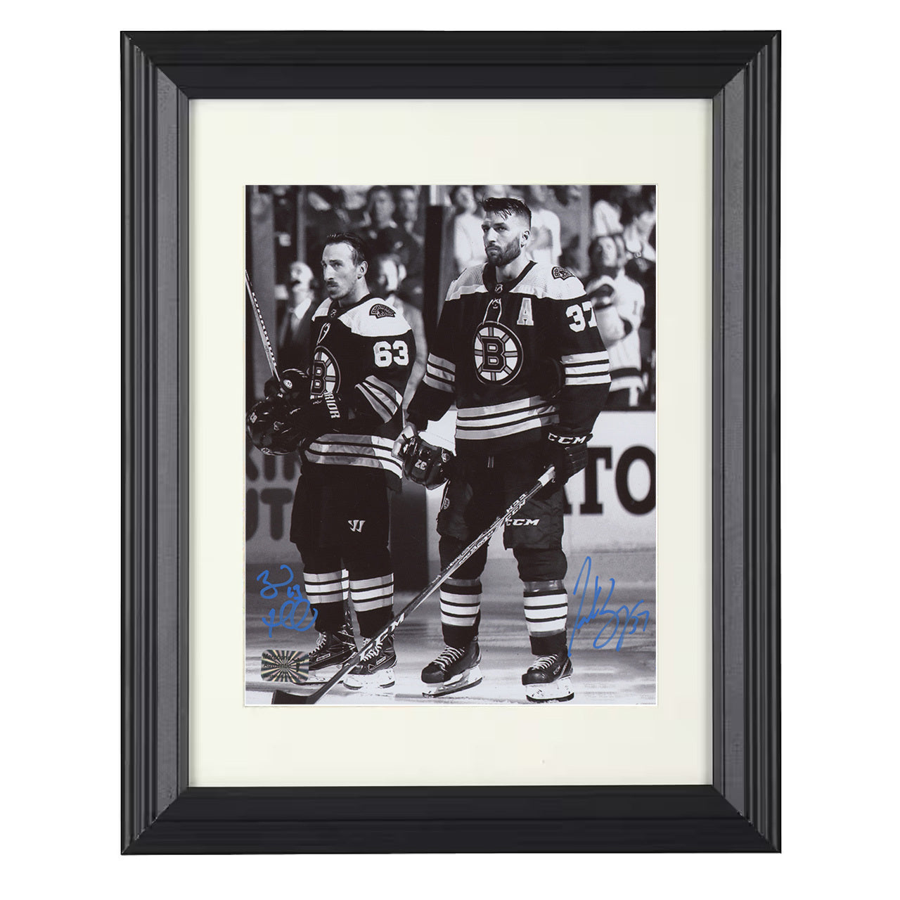 Brad Marchand and Patrice Bergeron – Boston Pregame 8x10 matted black framed hockey wall art