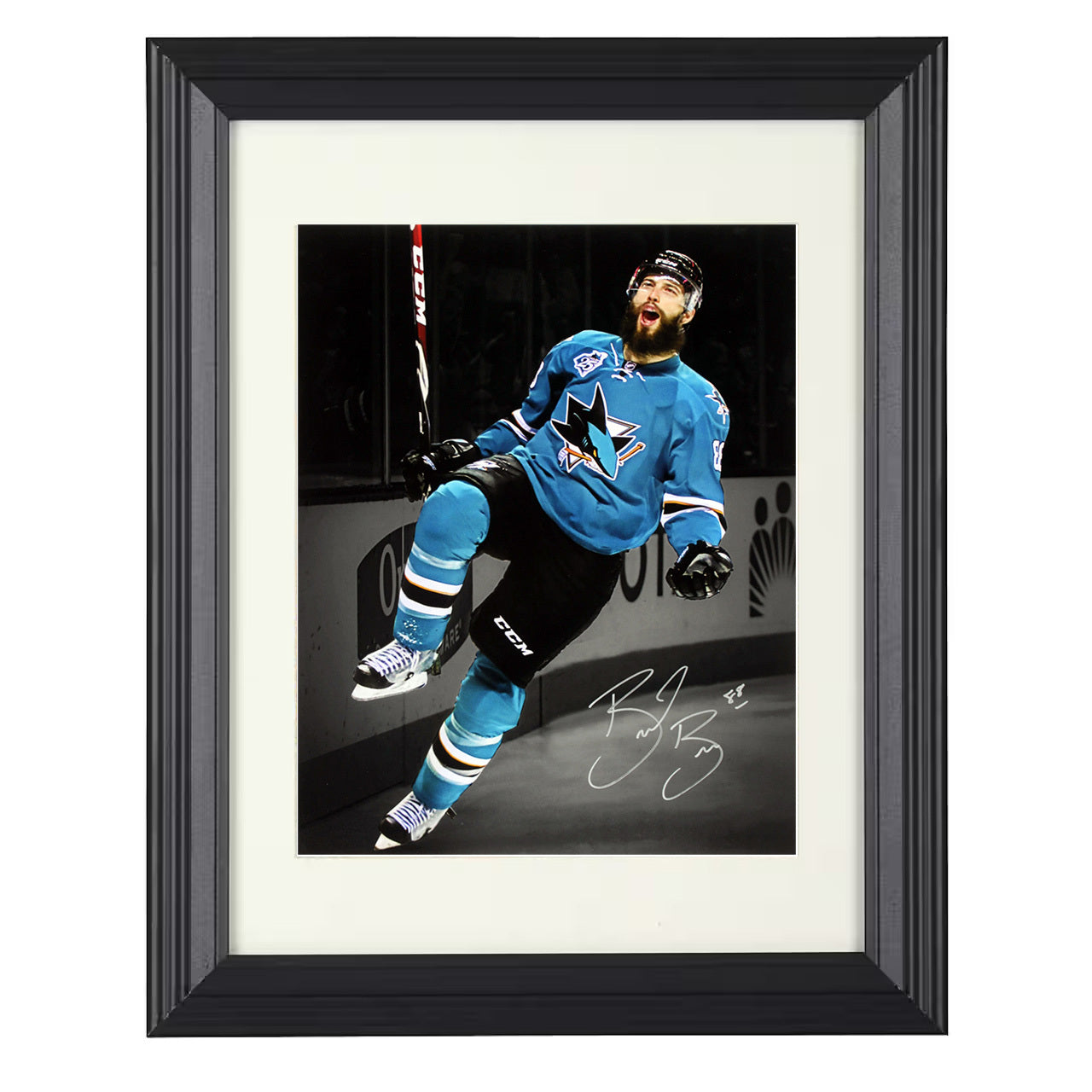 Brent Burns – San Jose Goal Celebration Leap 8x10 matted black framed hockey wall art