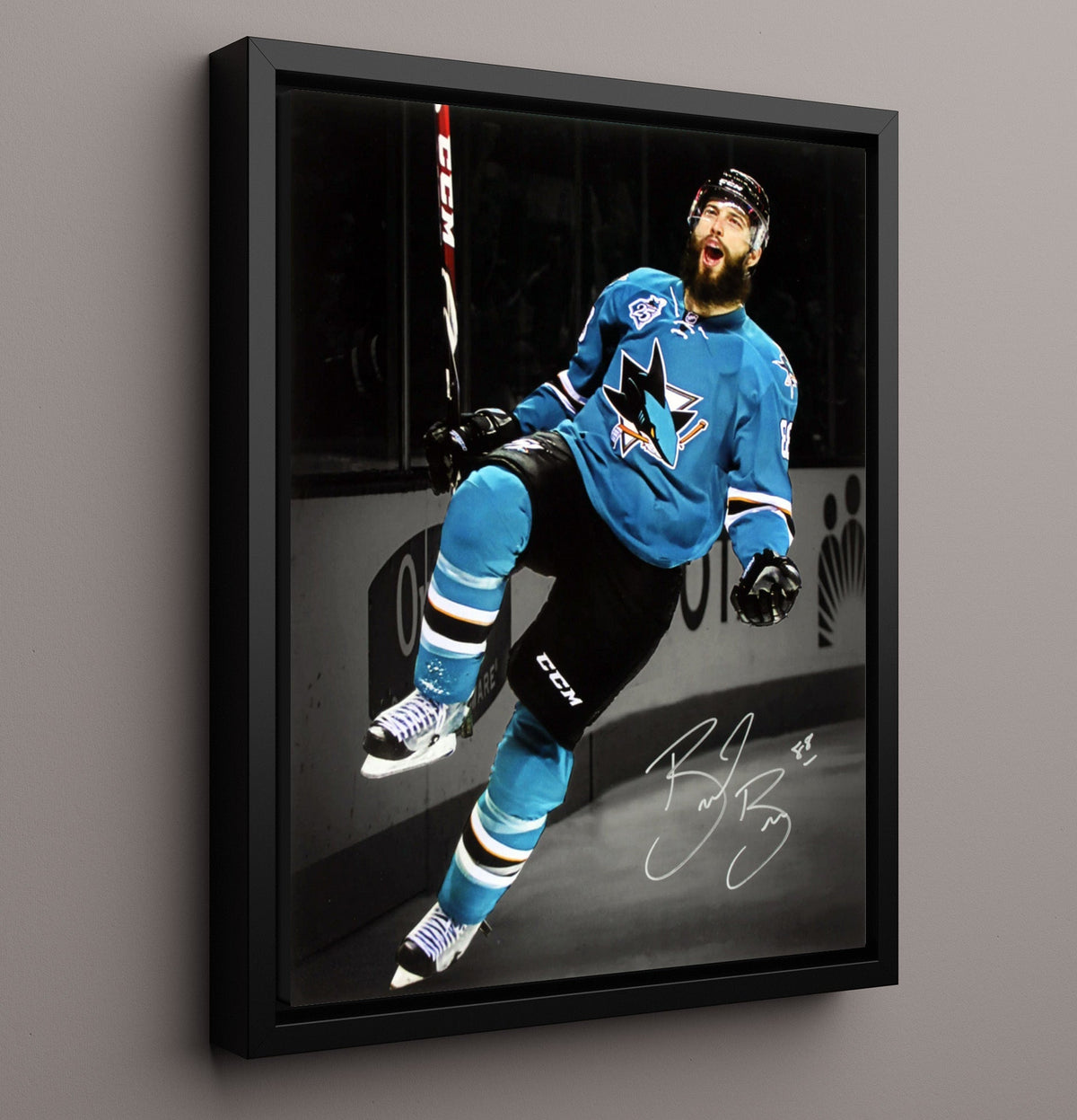 Brent Burns - San Jose Hockey Goal Celebration Leap Hockey Wall Art - hockey wall art print