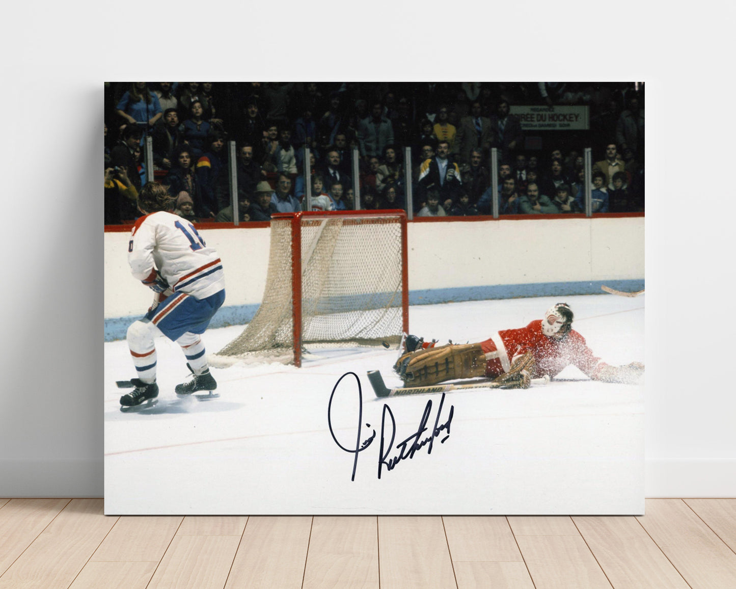 Jim Rutherford - Detroit Hockey Goalie Save Attempt Vintage Hockey Wall Art - hockey wall art print