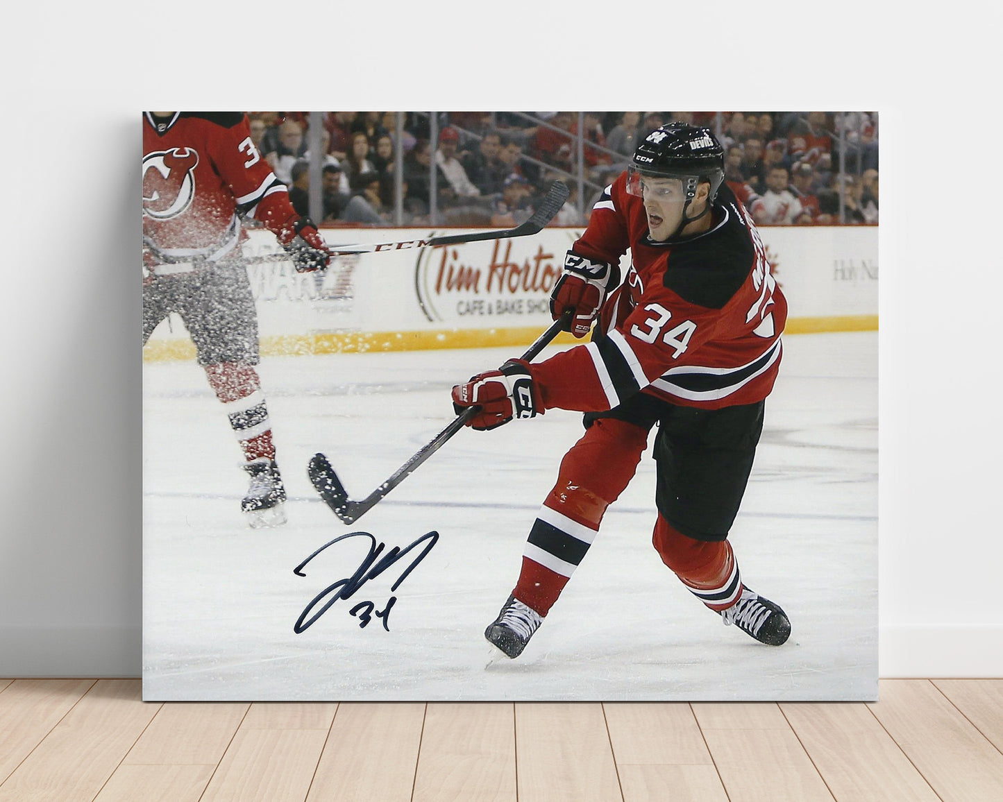 Jon Merrill - New Jersey Hockey Skating Action Red Jersey Hockey Wall Art - hockey wall art print