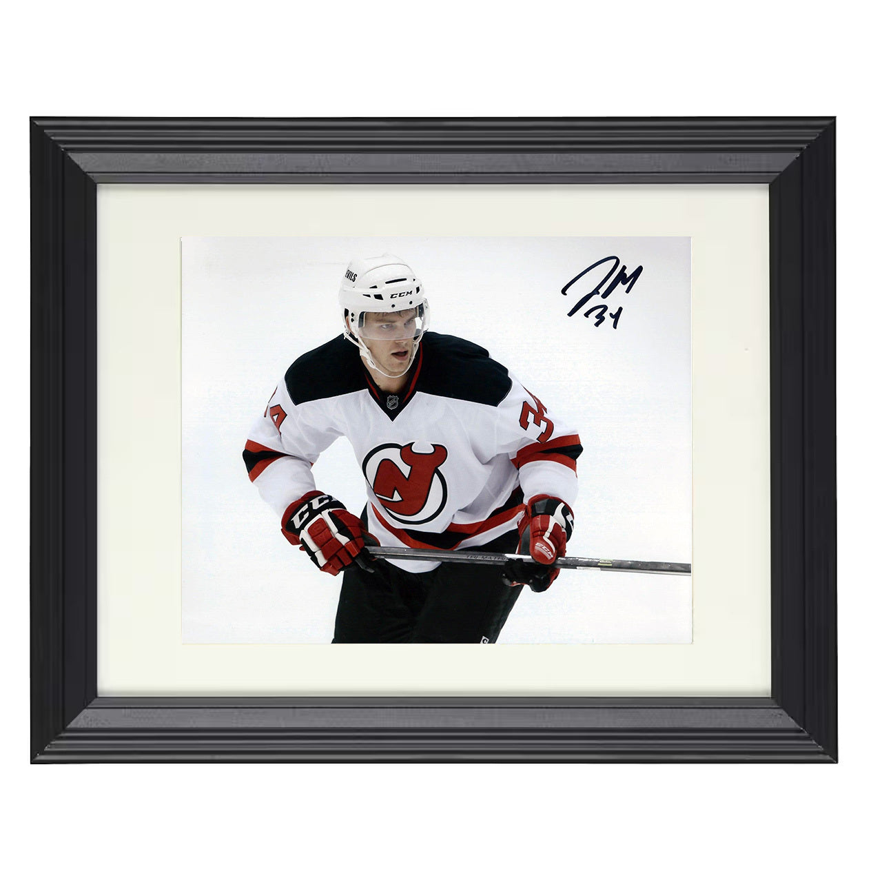 Jon Merrill – New Jersey Skating Action White Jersey 8x10 matted black framed hockey wall art