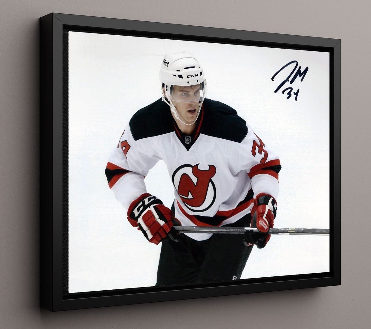 Jon Merrill - New Jersey Hockey Skating Action White Jersey Hockey Wall Art - hockey wall art print