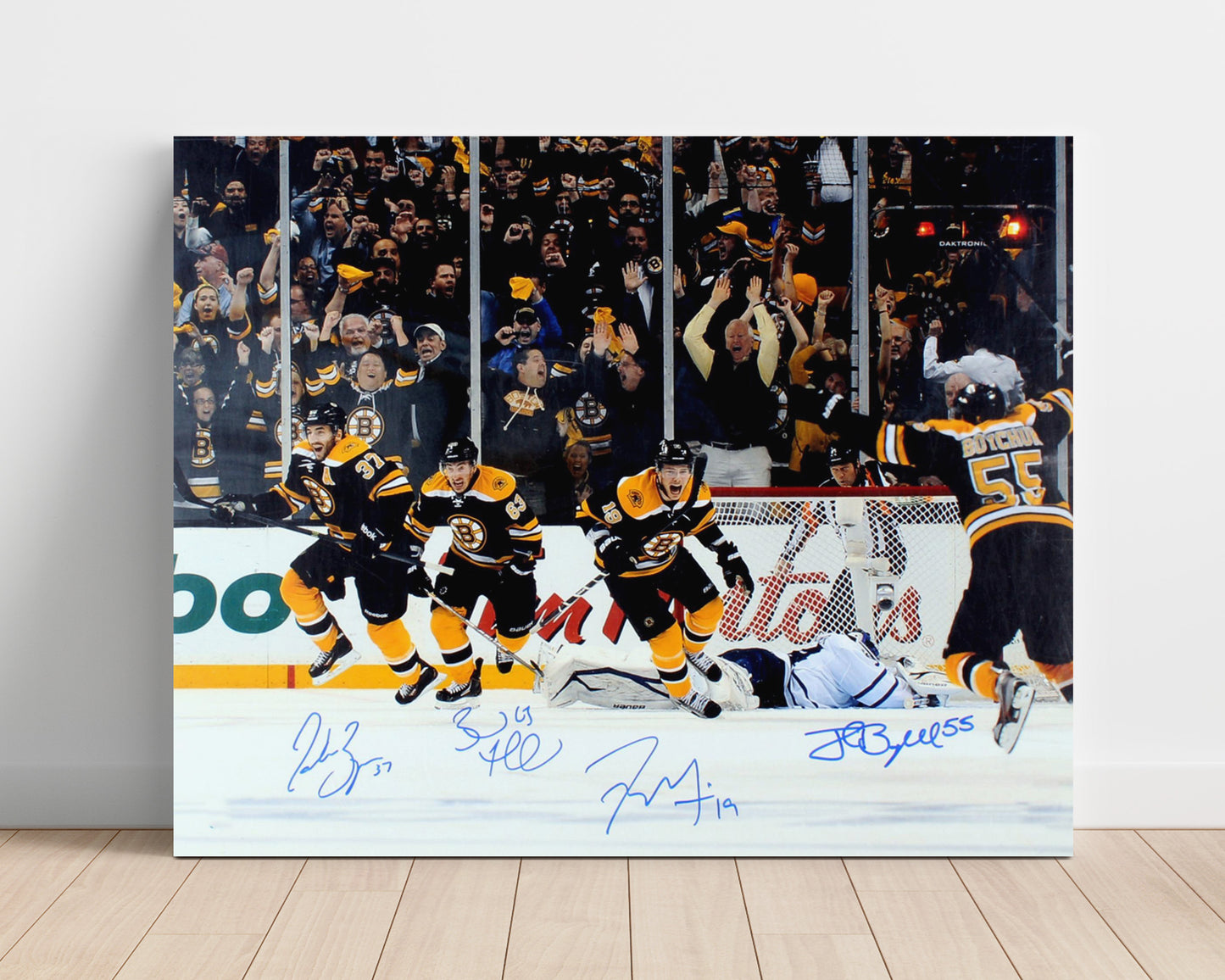 Patrice Bergeron Brad Marchand Tyler Seguin and Johnny Boychuk - Boston Hockey Comeback Celebration Hockey Wall Art - hockey wall art print