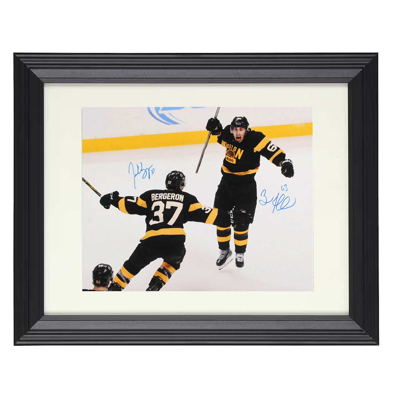 Patrice Bergeron and Brad Marchand – Boston Goal Celebration 8x10 matted black framed hockey wall art