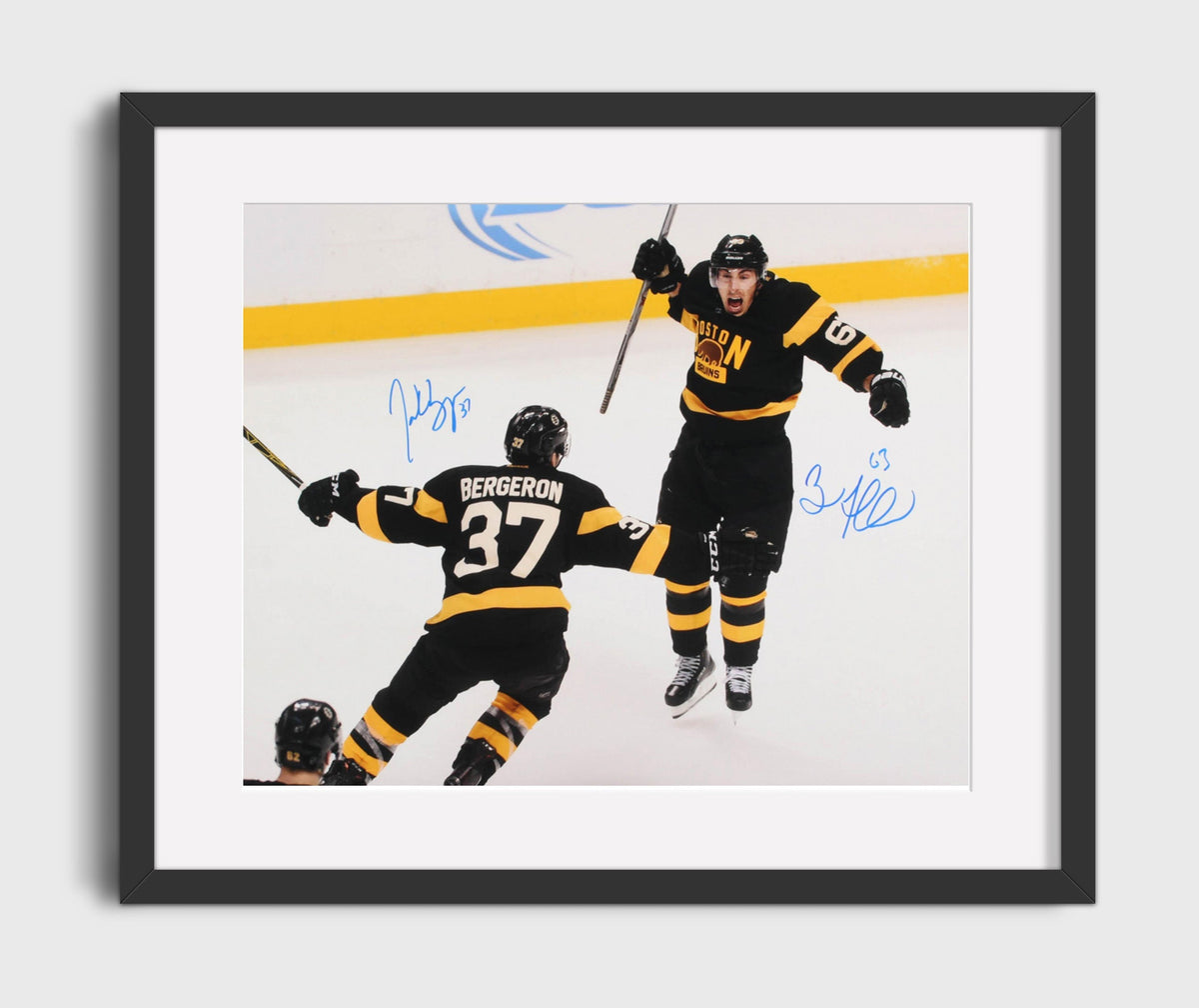 Patrice Bergeron and Brad Marchand - Boston Hockey Goal Celebration Hockey Wall Art - Hockey Framed Print