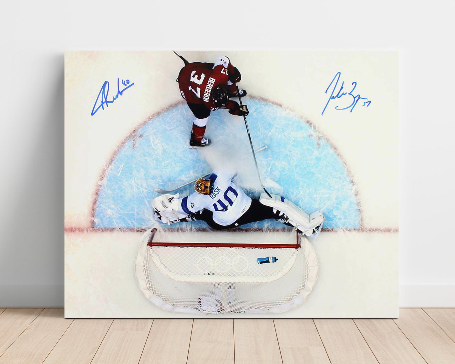 Patrice Bergeron and Tuukka Rask - Canada vs Finland Breakaway Save Hockey Wall Art - hockey wall art print