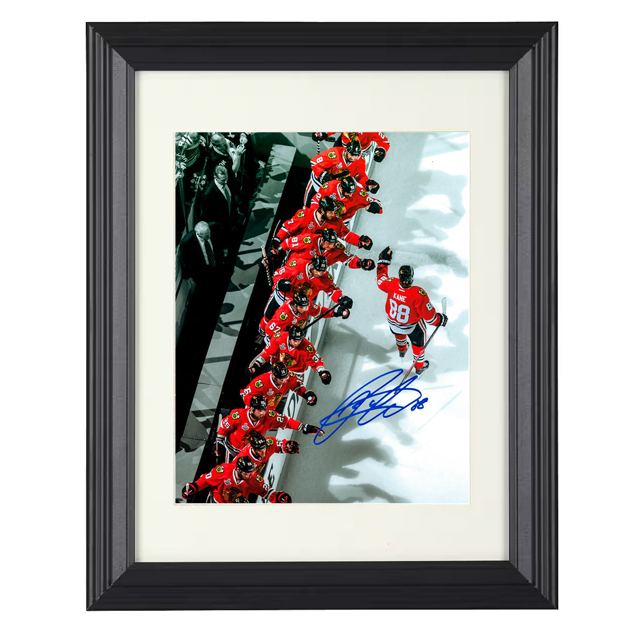 Patrick Kane – Chicago Showtime Bench Salute 8x10 matted black framed hockey wall art