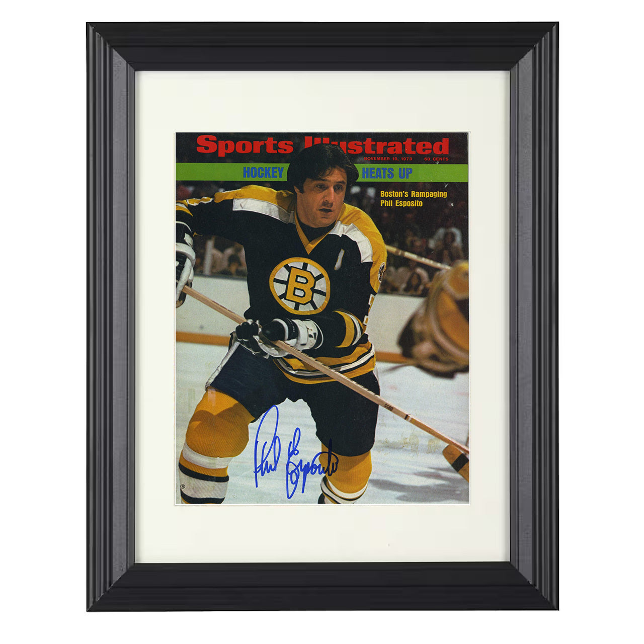 Phil Esposito – Boston Skating Action 1973 SI 8x10 matted black framed hockey wall art