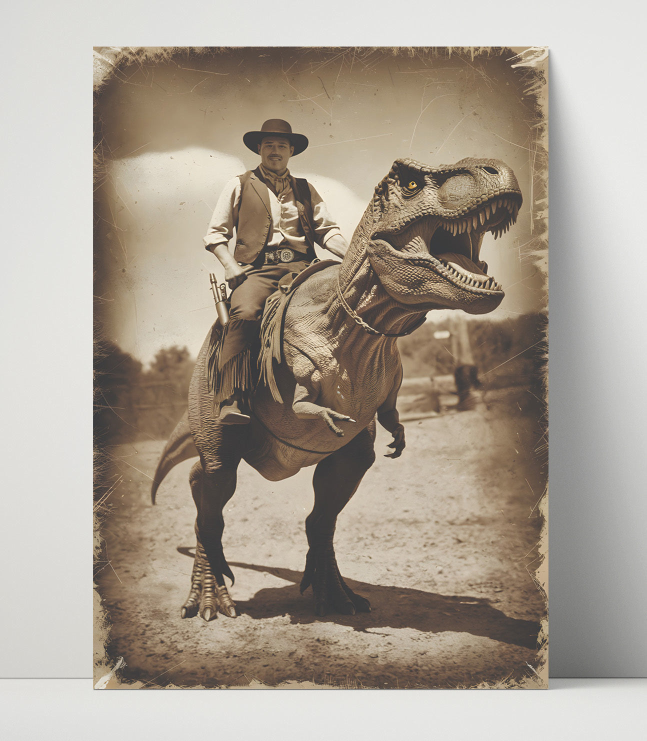 Cowboy Dinosaur Ride Western Cowboy Riding Dinosaur Absurd Humor Funny Quote Wall Art 16x20 Unframed Print wall art print – humor decor