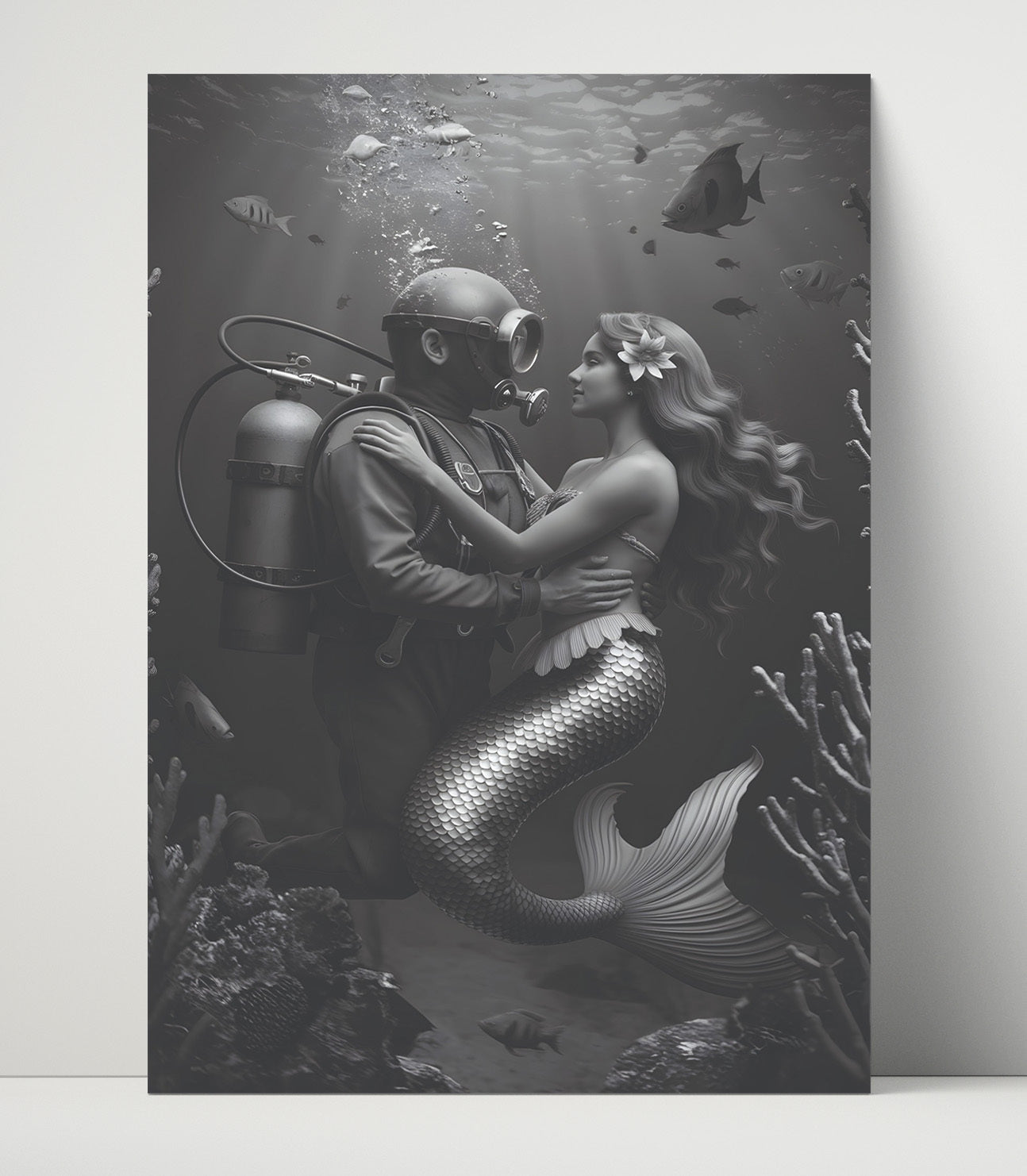 Diver and Mermaid Underwater Diver Embracing Mermaid Fantasy Scene Funny Quote Wall Art 16x20 Unframed Print wall art print – humor decor
