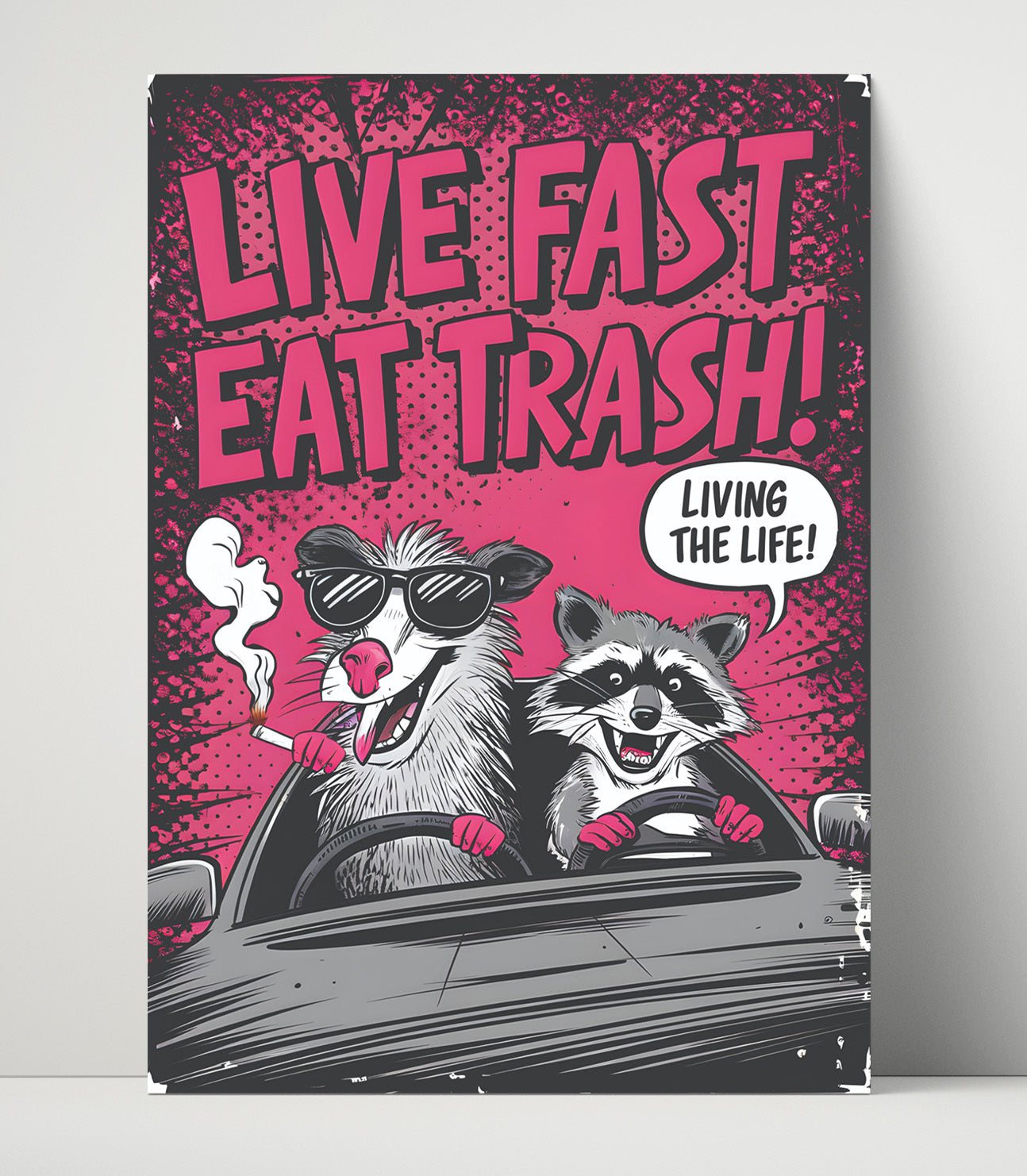 Live Fast Eat Trash Raccoon and Opossum Driving Car Punk Humor Poster Funny Quote Wall Art 16x20 Unframed Print wall art print – humor decor