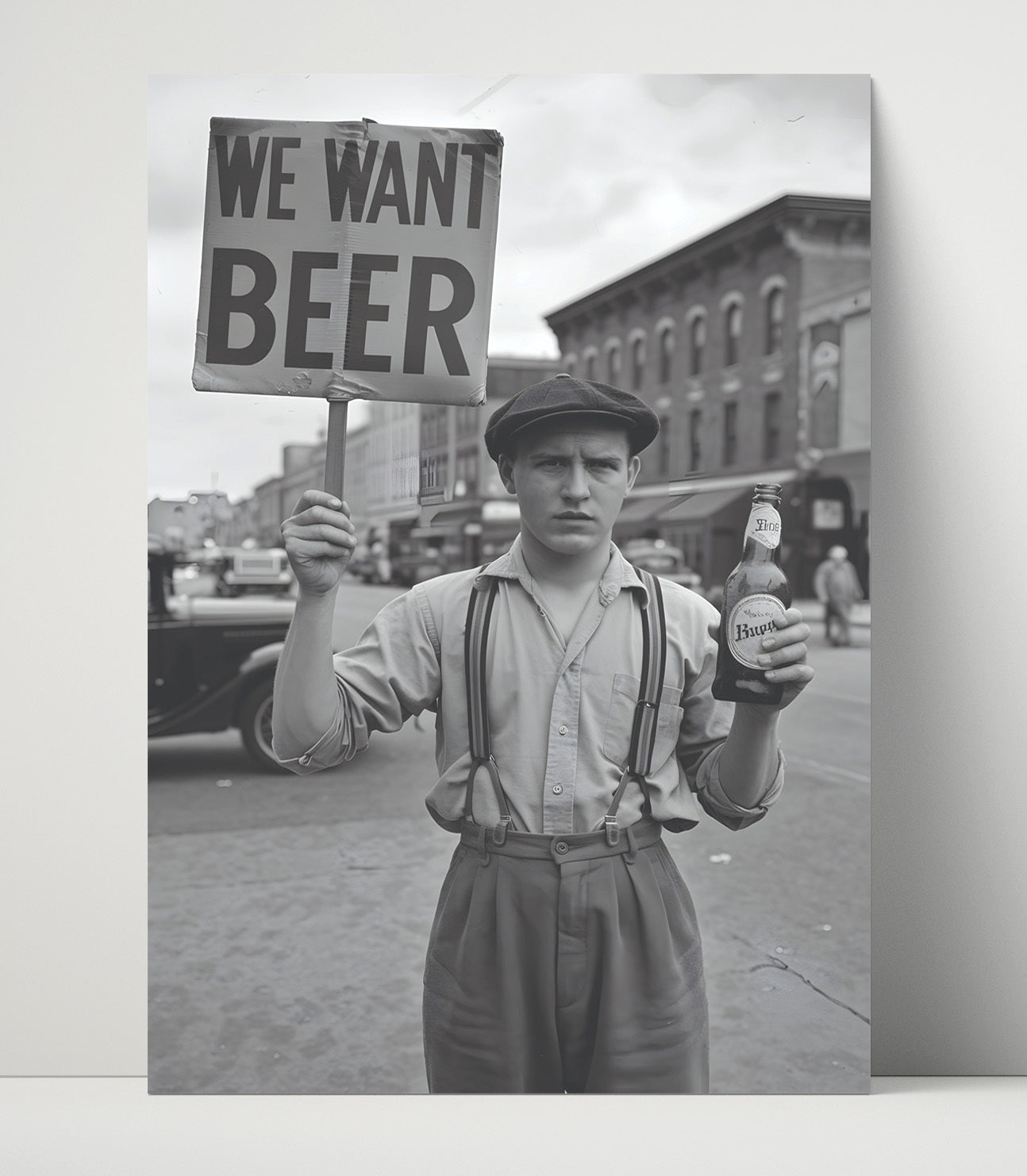 We Want Beer Vintage Street Protester Holding Beer Demand Sign Funny Quote Wall Art 16x20 Unframed Print wall art print – humor decor