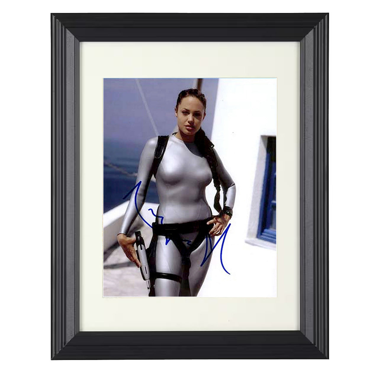 Angelina Jolie – Tomb Raider Suit Action Pose – 8x10 black beveled framed movie wall art