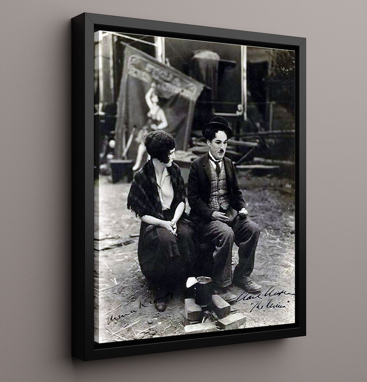Charlie Chaplin and Edna Purviance - Silent Film Set Benchside Moment movie wall art 16x20 Gallery Frame