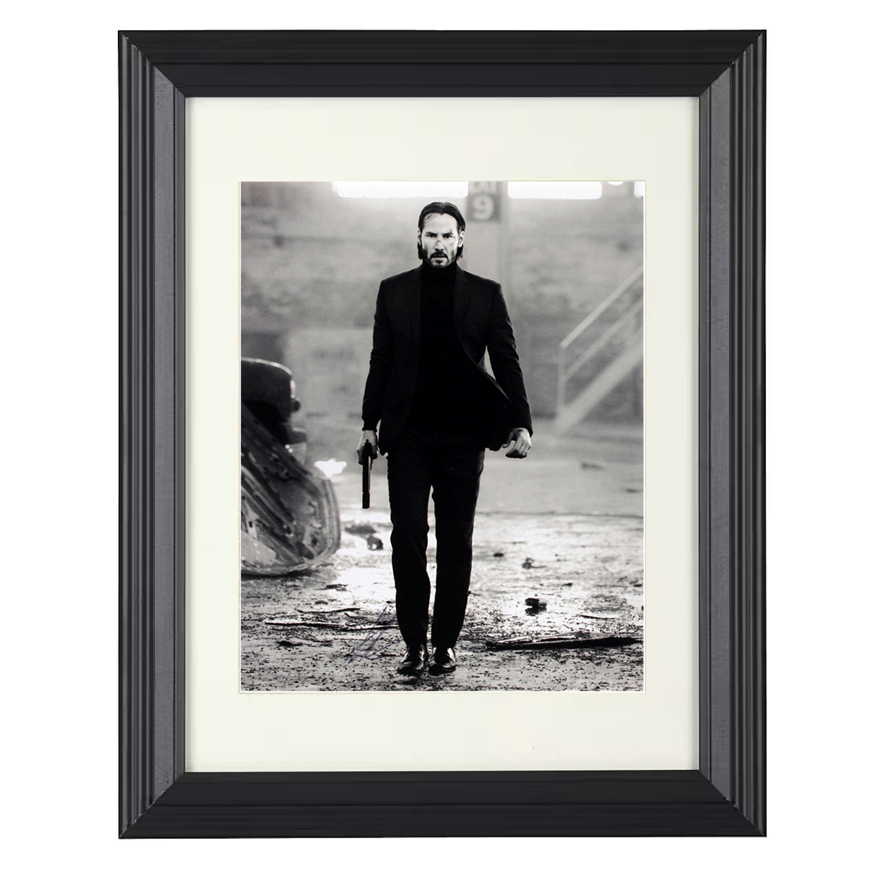 John Wick – Keanu Reeves Tactical Walk Gun in Hand – 8x10 black beveled framed movie wall art