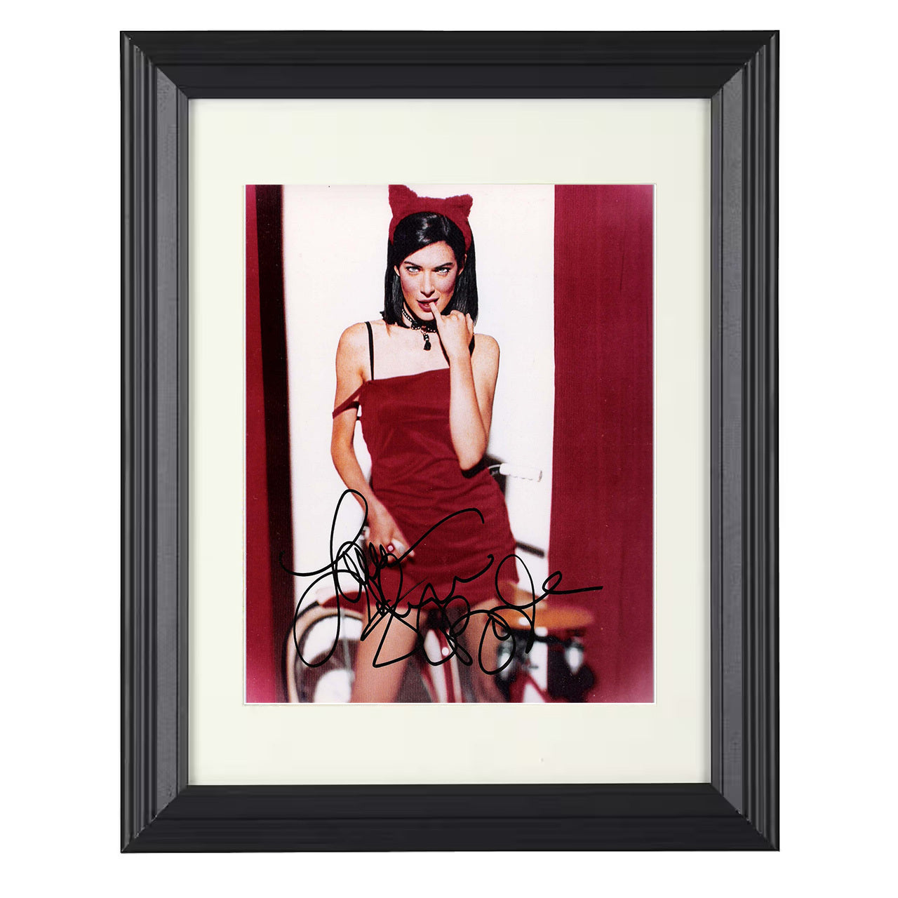 Lara Flynn Boyle – Red Dress Devil Horn Headband – 8x10 black beveled framed movie wall art
