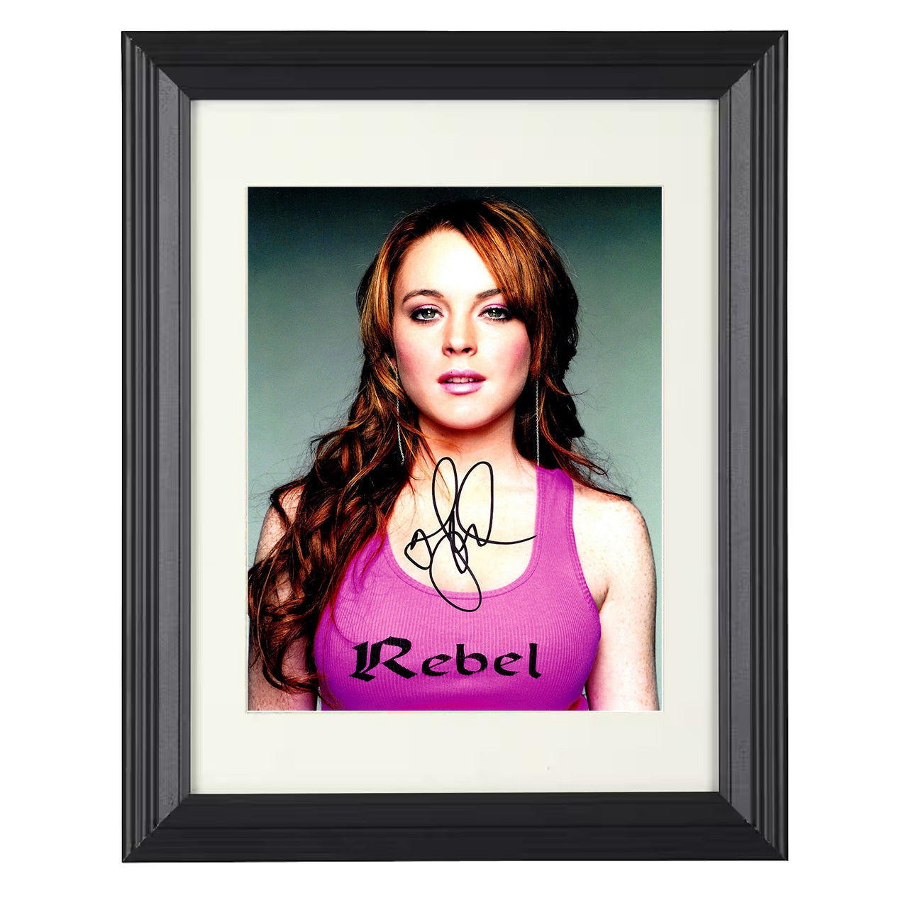 Lindsay Lohan – Pink Rebel Tank Top Promotional Glam Look – 8x10 black beveled framed movie wall art