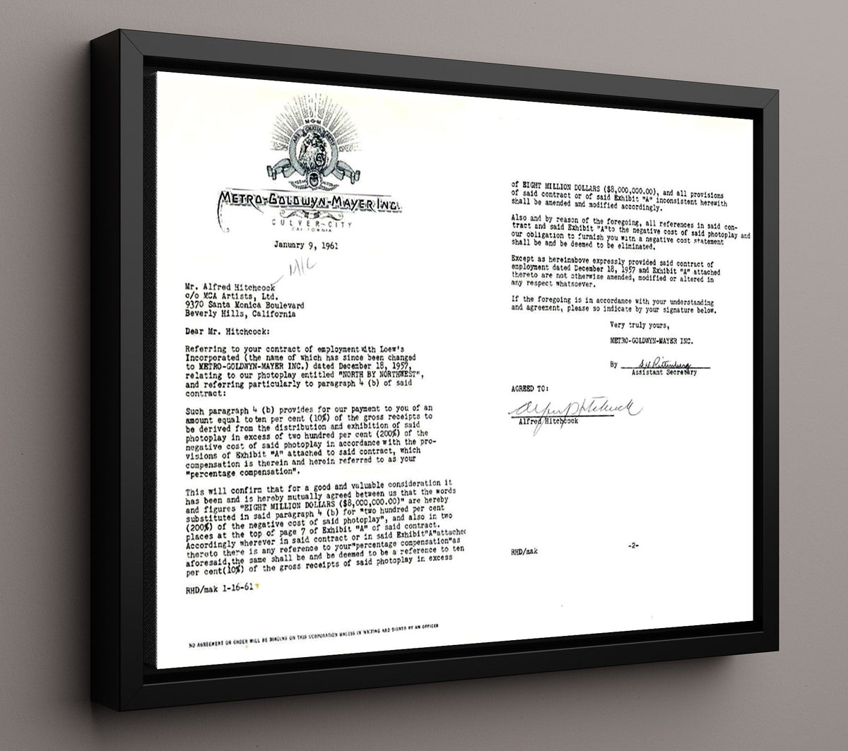 North by Northwest - Alfred Hitchcock Signed MGM Contract Archive movie wall art 16x20 Gallery Frame