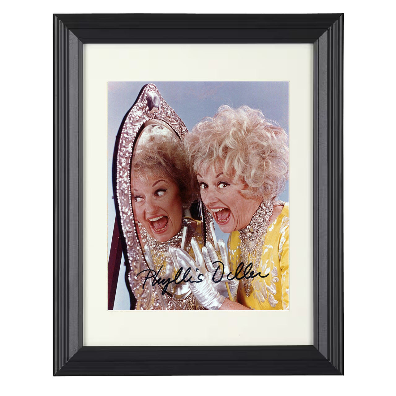 Phyllis Diller – Mirror Reflection Legend Laughing – 8x10 black beveled framed movie wall art