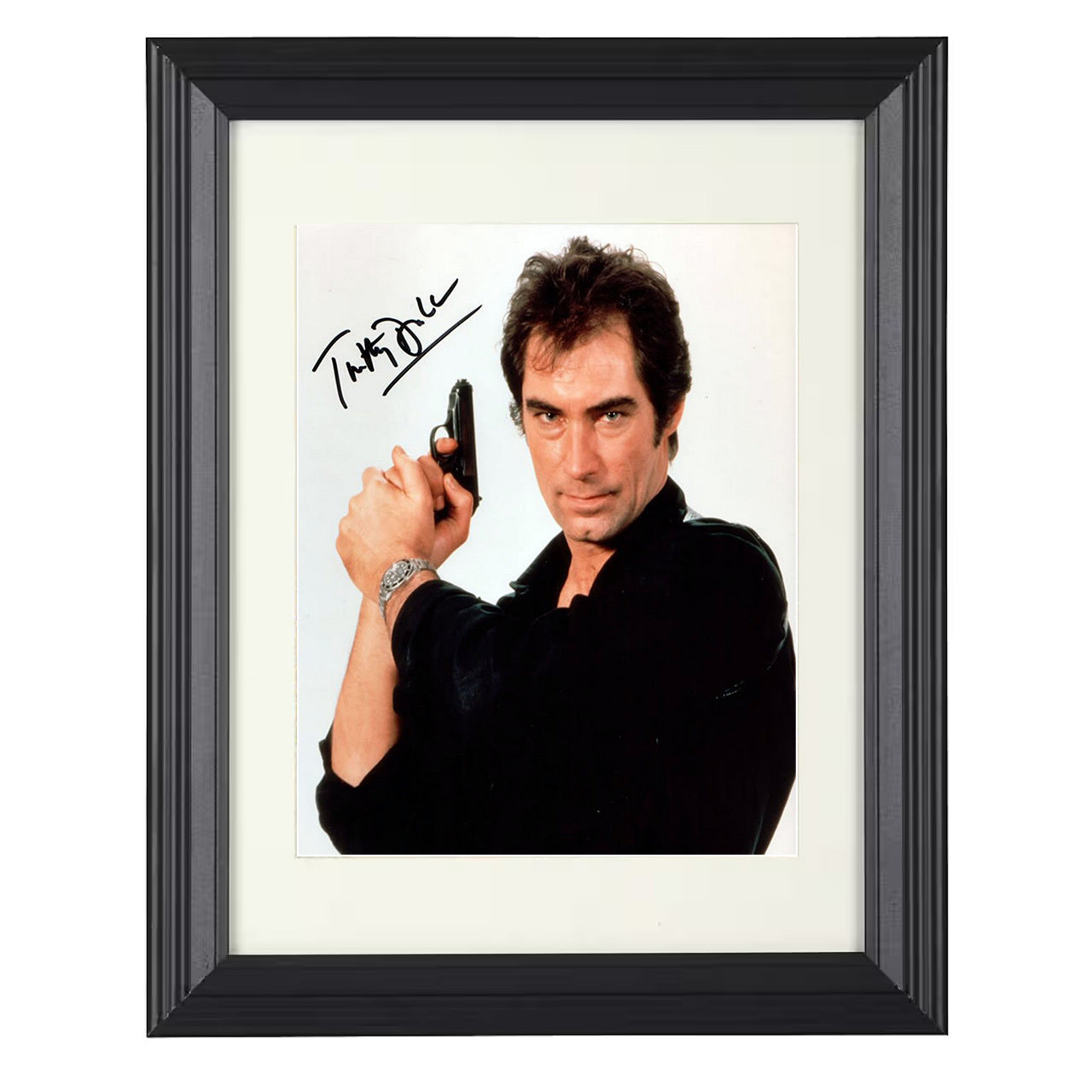 Timothy Dalton – James Bond Dark Shirt Walther PPK Pose – 8x10 black beveled framed movie wall art