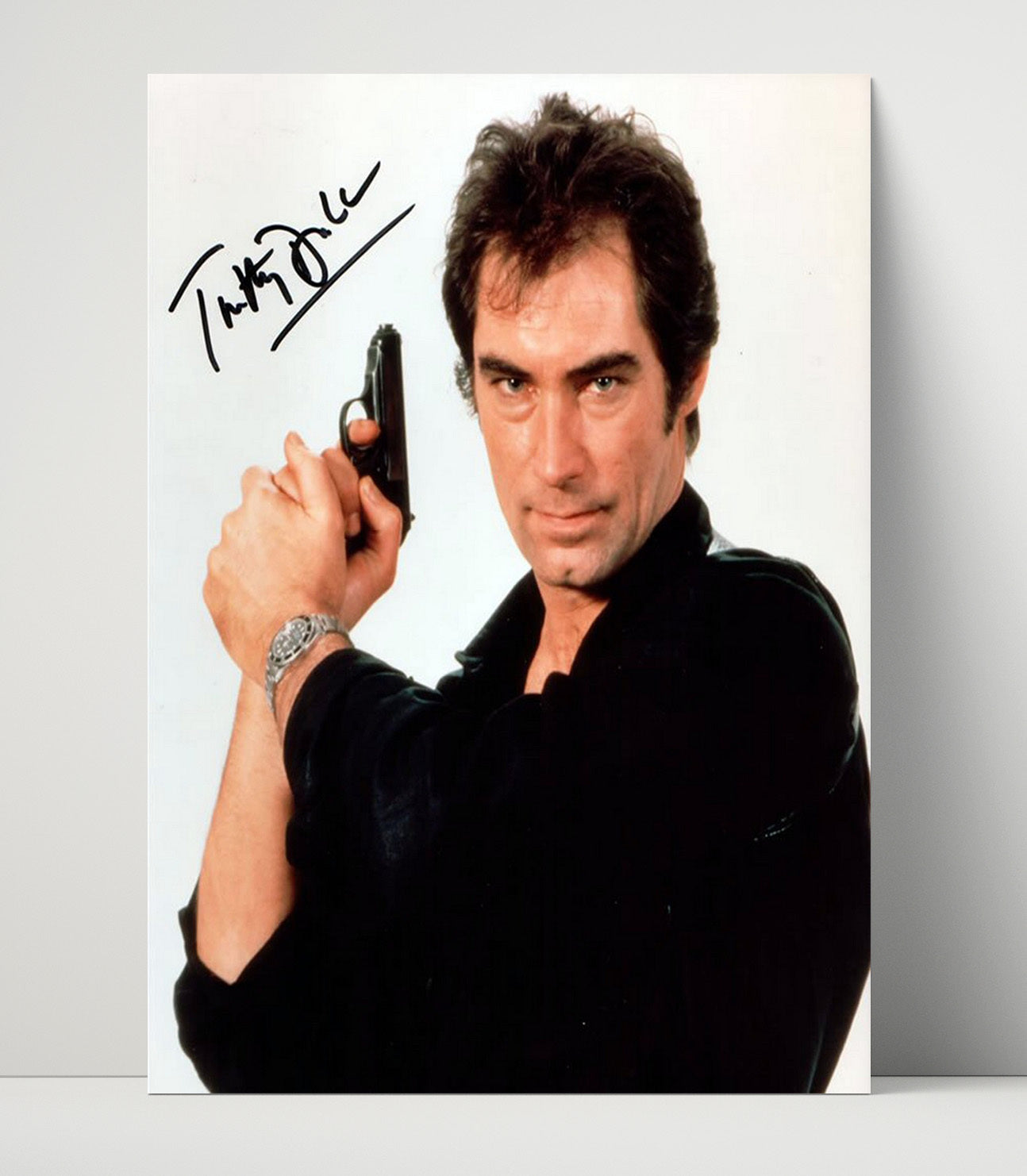 Timothy Dalton - James Bond Black Shirt Walther PPK Pose Vintage Movie Wall Art - 16x20 Unframed Print movie decor