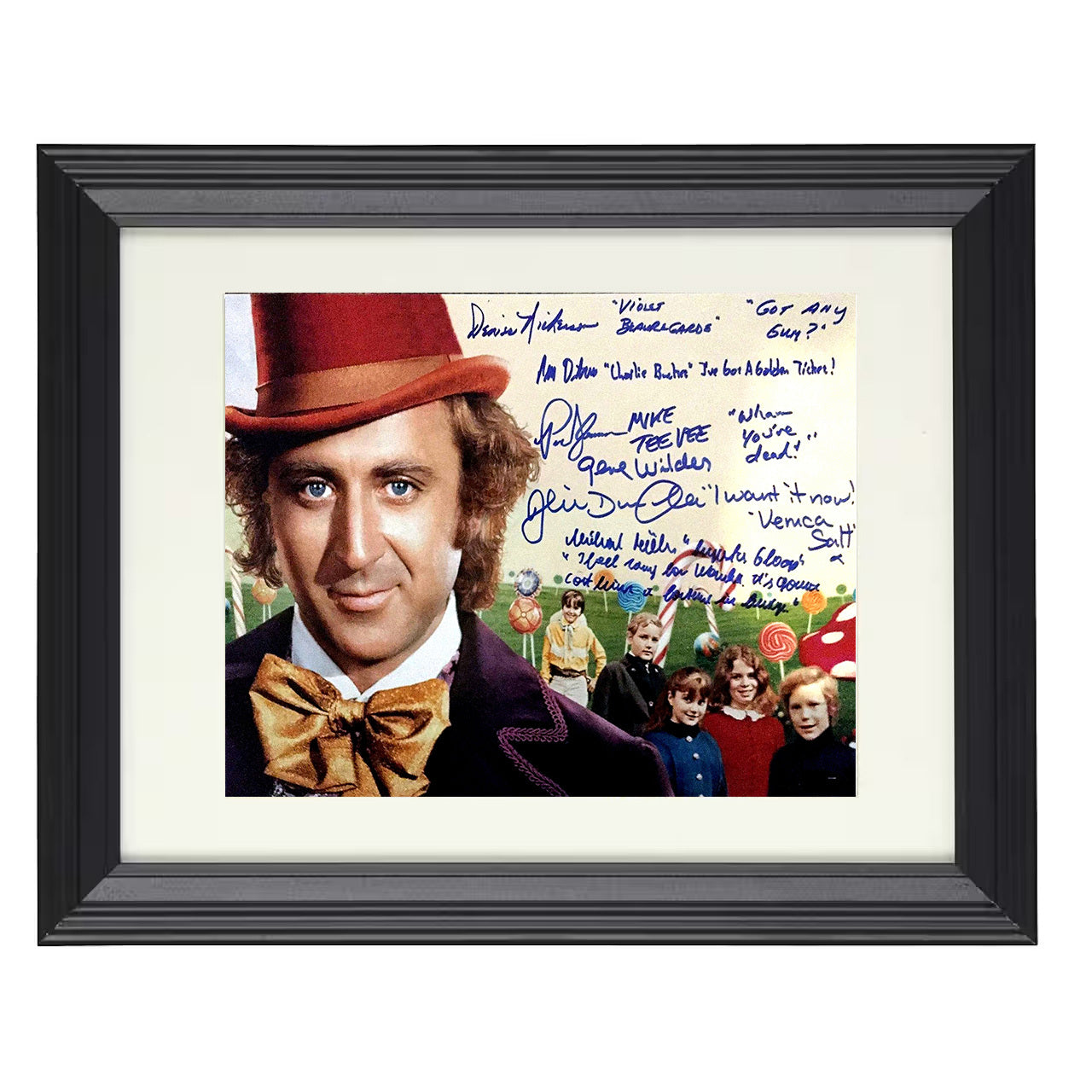 Willy Wonka – Gene Wilder Ticket Gang Image – 8x10 black beveled framed movie wall art