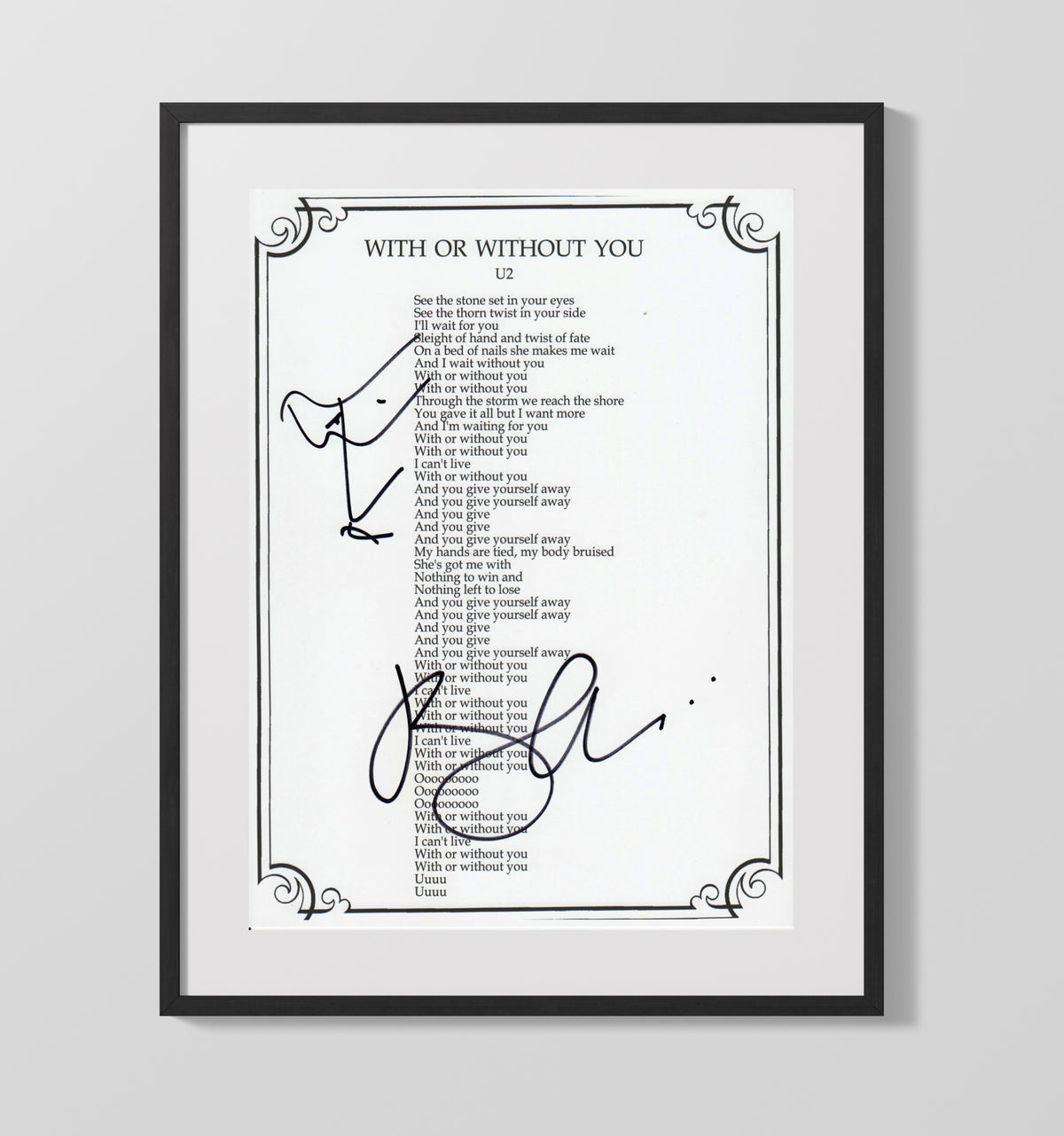 Bono - U2 With Or Without You Lyrics Sheet 8x10 Framed Canvas vintage music wall art
