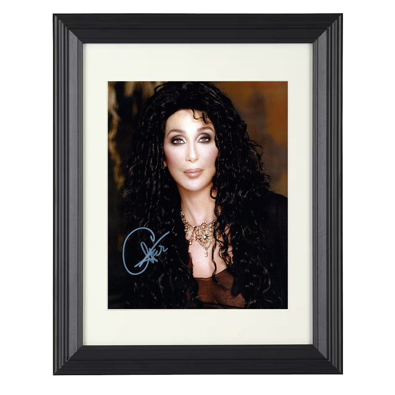 Cher – Promo Image with Dark Hair and Gold Necklace – 8x10 black beveled framed music wall art