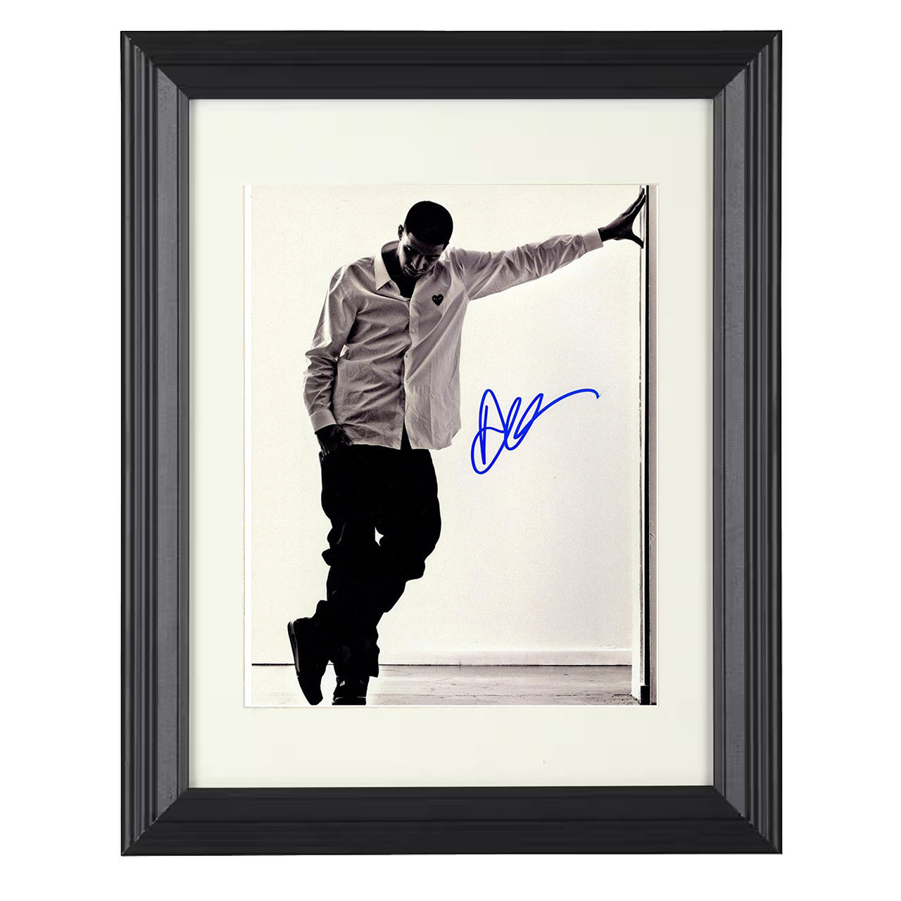 Drake – Minimalist Editorial Pose Leaning Against Wall – 8x10 black beveled framed music wall art