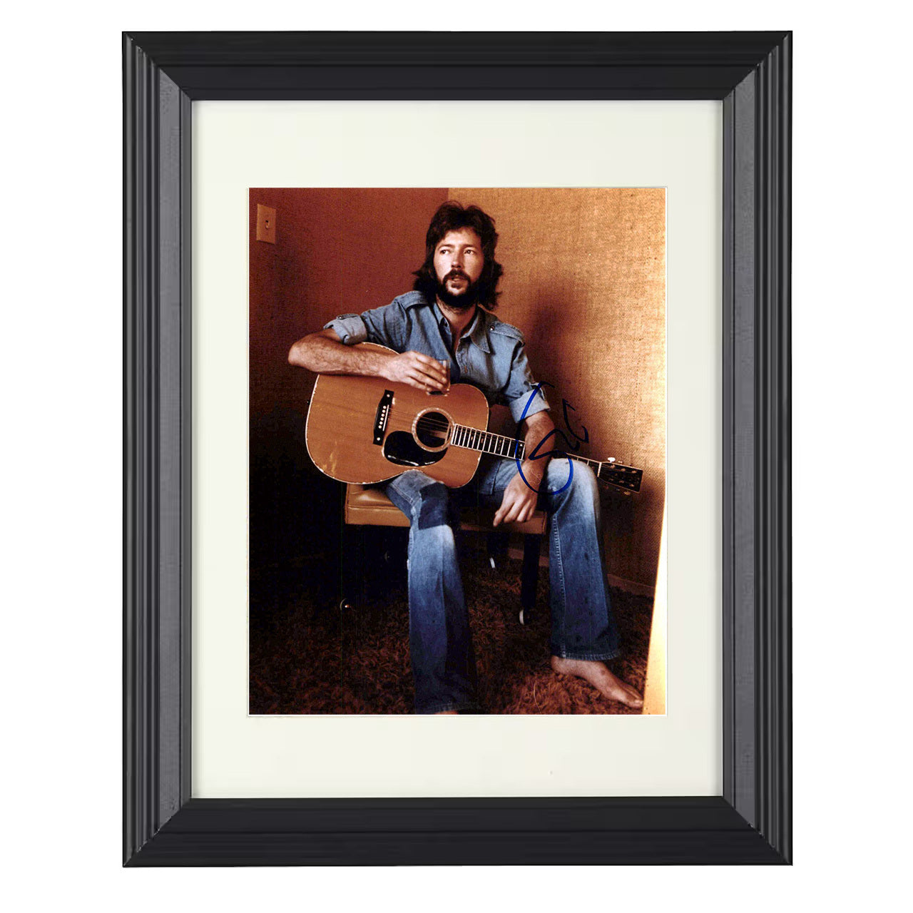 Eric Clapton – Seated with Acoustic Guitar and Drink Image – 8x10 black beveled framed music wall art