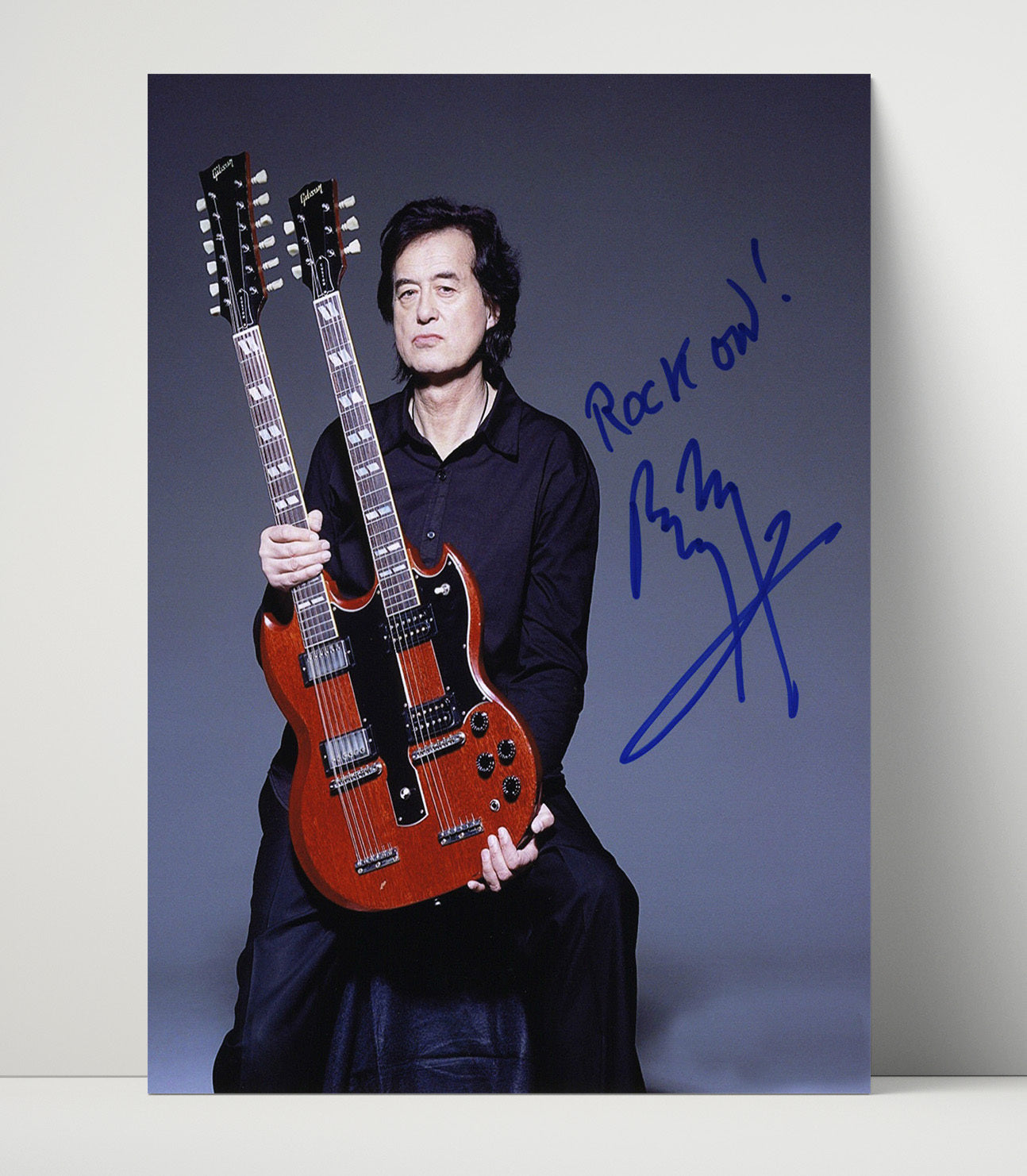 Jimmy Page - Double Neck Gibson Guitar Studio Portrait Music Wall Art 16x20 Unframed Print wall art print – Music decor