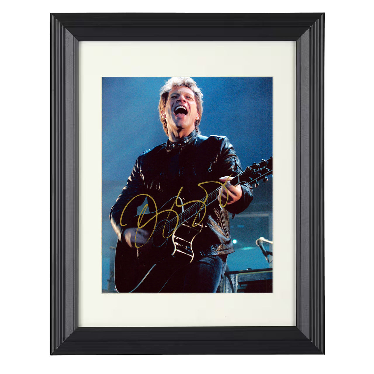 Jon Bon Jovi – Live Dark Leather Guitar Performance – 8x10 black beveled framed music wall art