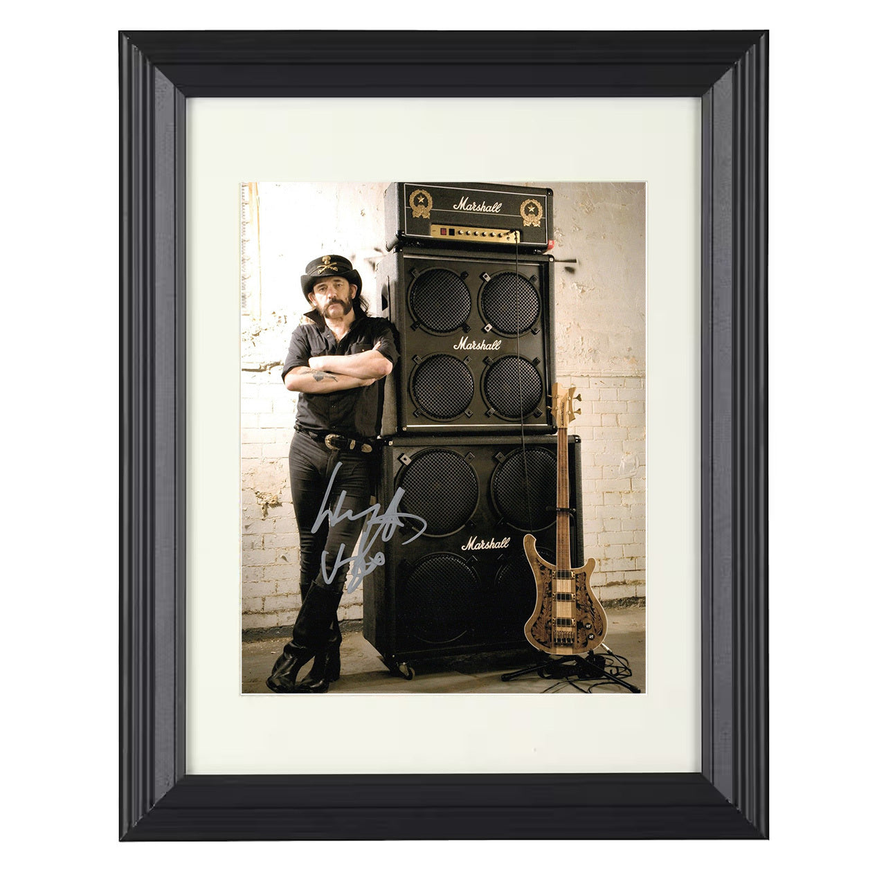 Lemmy Kilmister – Wall of Marshall Power Image – 8x10 black beveled framed music wall art