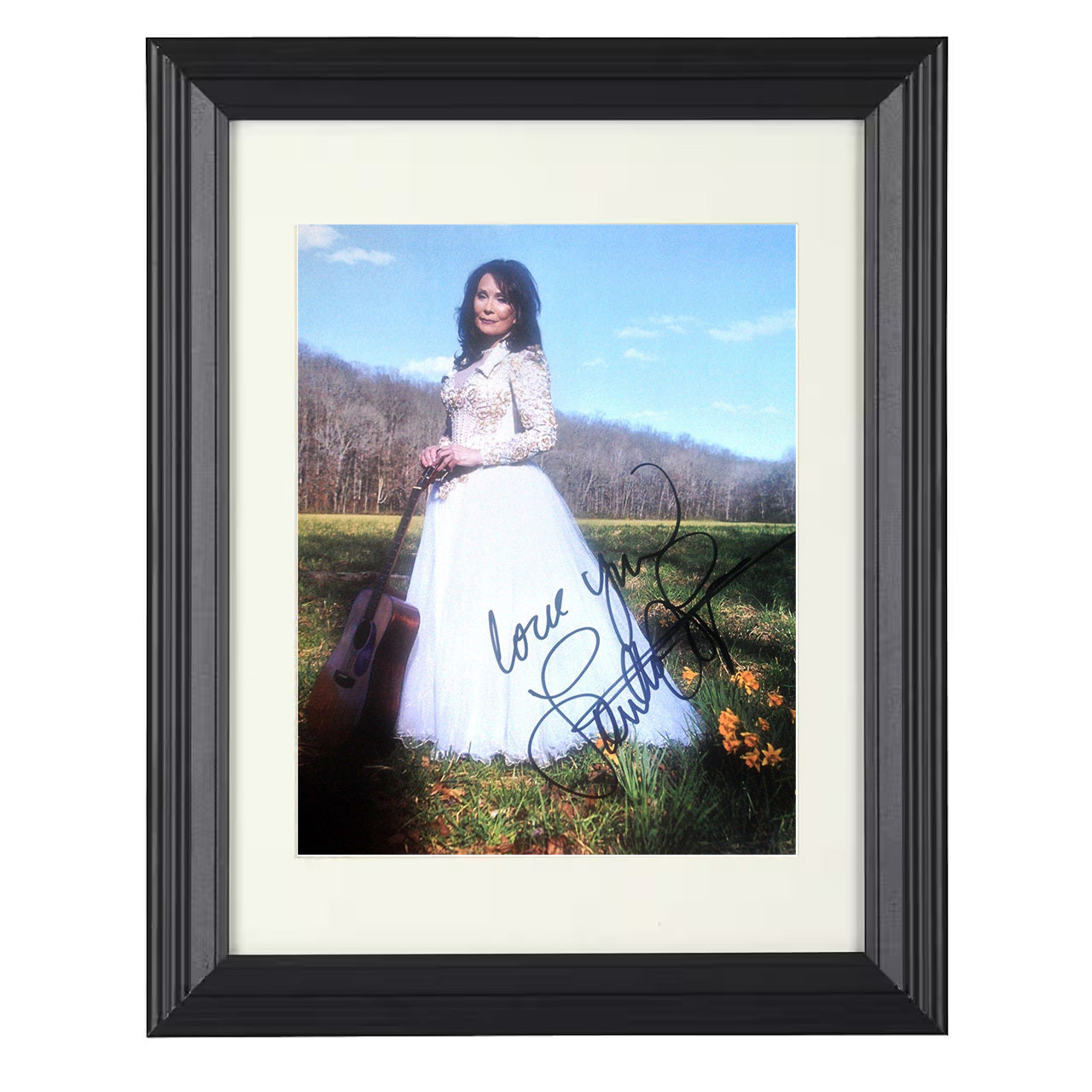 Loretta Lynn – Country Singer in White Dress Field Image – 8x10 black beveled framed music wall art