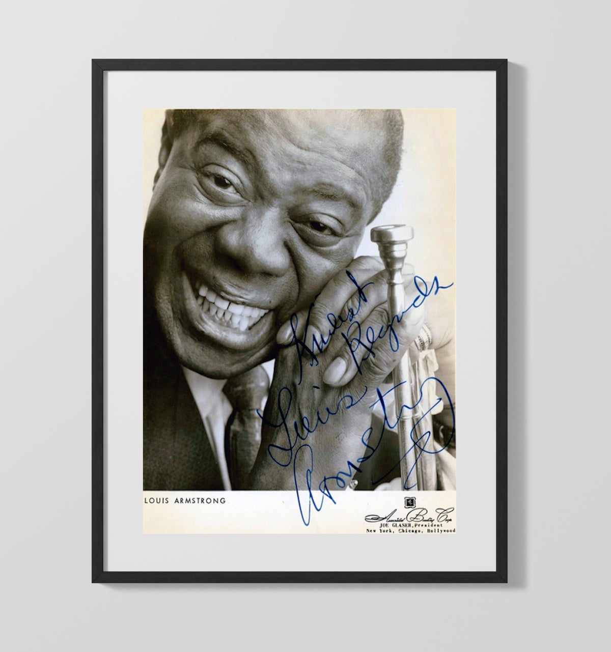Louis Armstrong - Smiling With Trumpet Close-Up Photo Black-and-White 8x10 Framed Canvas vintage music wall art