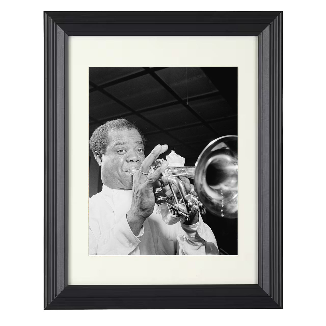 Louis Armstrong – Trumpet Soul in BandW Image – 8x10 black beveled framed music wall art