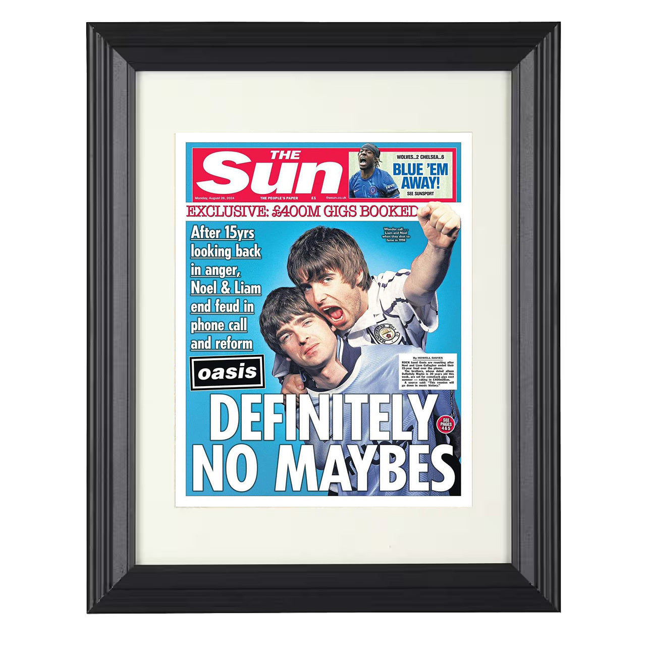 Oasis – Noel and Liam Gallagher – Reunion Tabloid Artwork – 8x10 black beveled framed music wall art