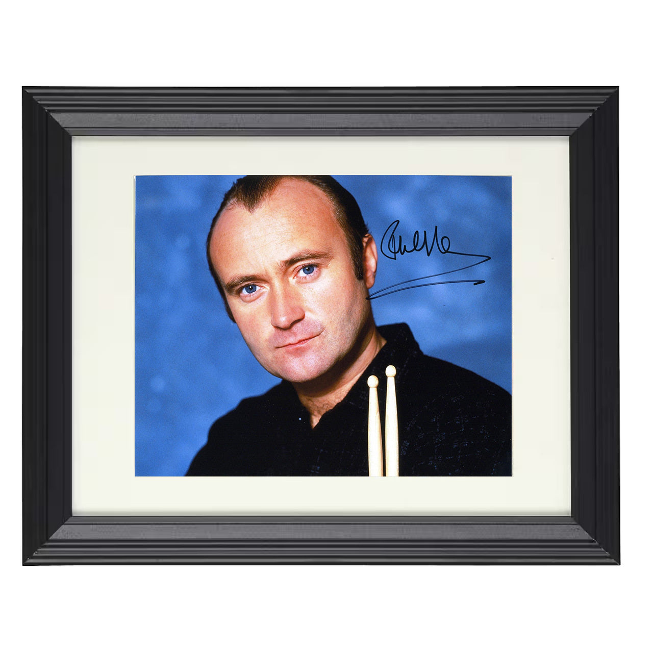 Phil Collins – Drumsticks Image Blue Background – 8x10 black beveled framed music wall art