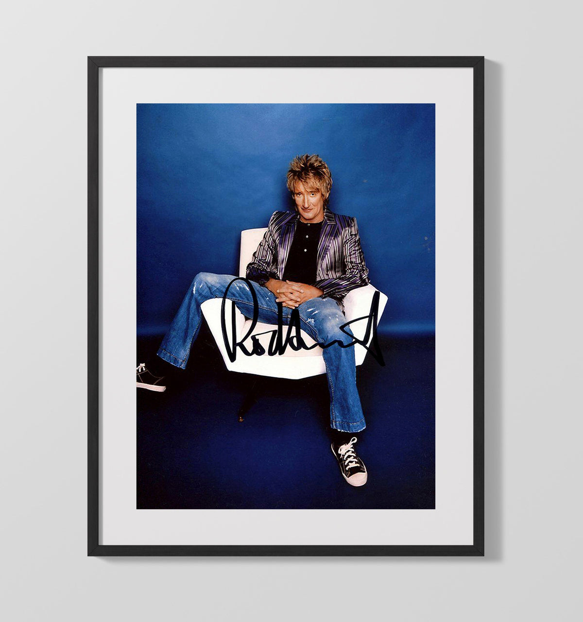 Rod Stewart - Seated Blue Background Studio Image 8x10 Framed Canvas vintage music wall art
