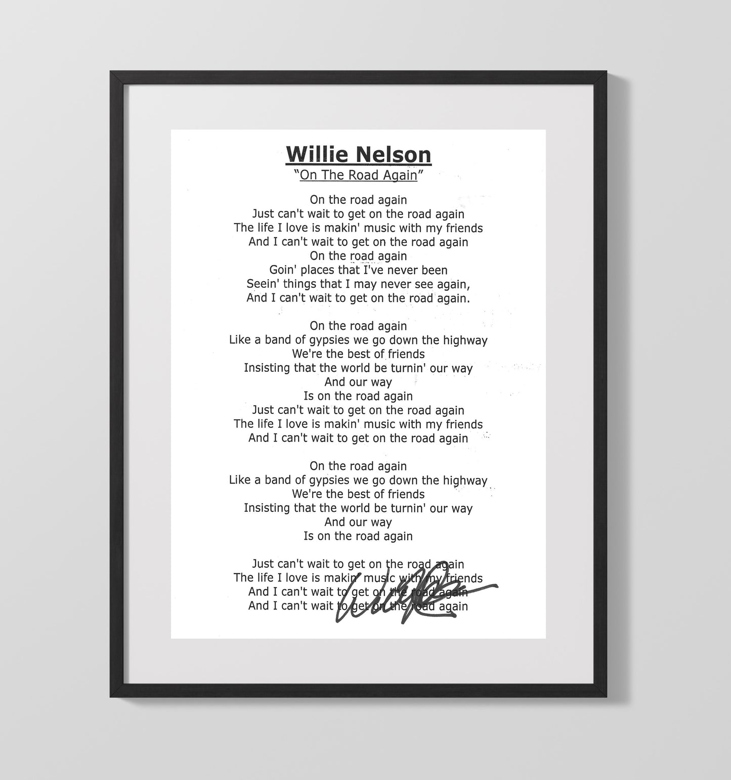 Willie Nelson - On the Road Again Lyrics 8x10 Framed Canvas vintage music wall art