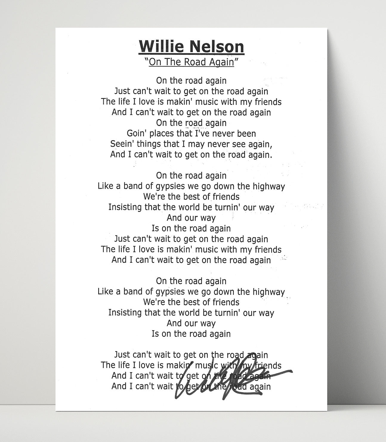 Willie Nelson - On The Road Again Lyrics - Vintage Music Wall Art - 16x20 Unframed Print music decor