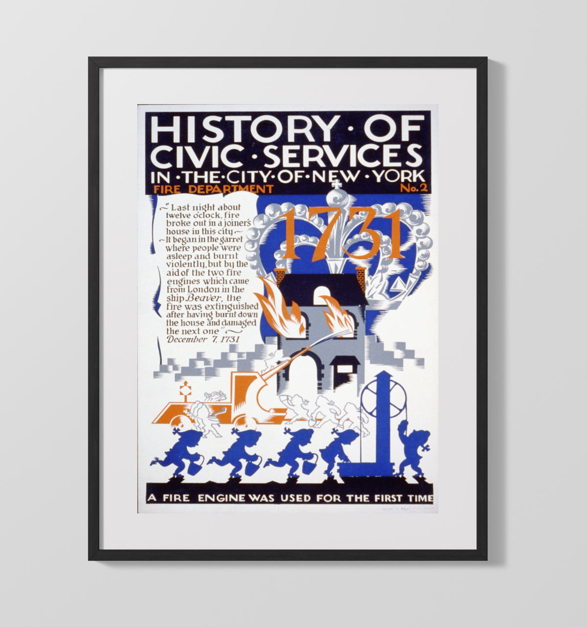 New York Fire Department 1731 - Bucket brigade beginnings WPA poster wall art 16x20 Gallery Frame